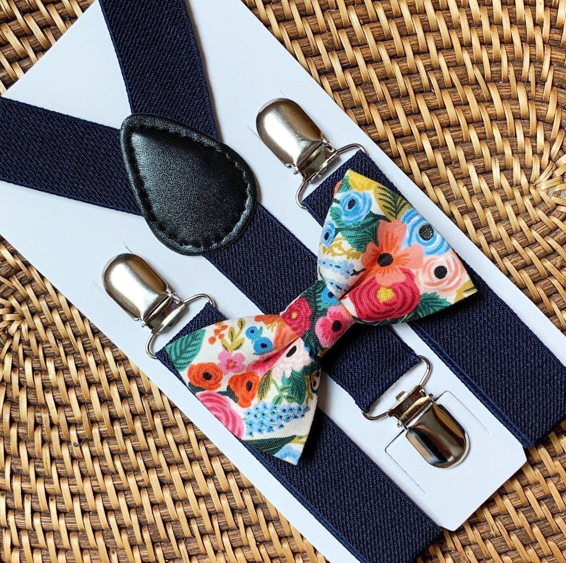 Floral bow tie and navy suspenders for men, toddlers and kids handmade in the USA and pre-tied, for wedding, groomsmen and ring bearer.f