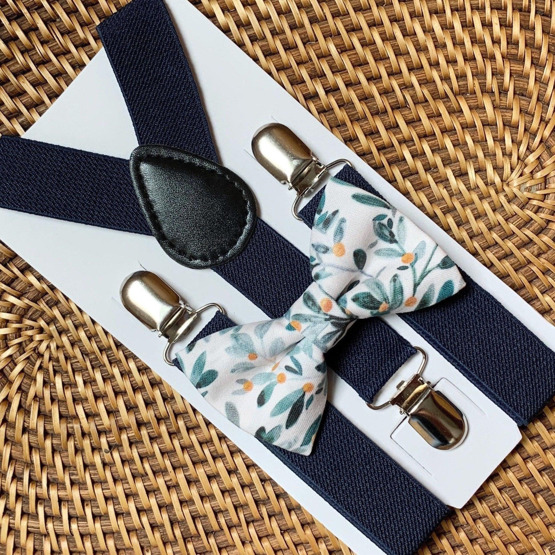 Floral bow tie and dark gray suspenders for men, toddlers and kids handmade in the USA and pre-tied, for wedding, groomsmen and ring bearer.