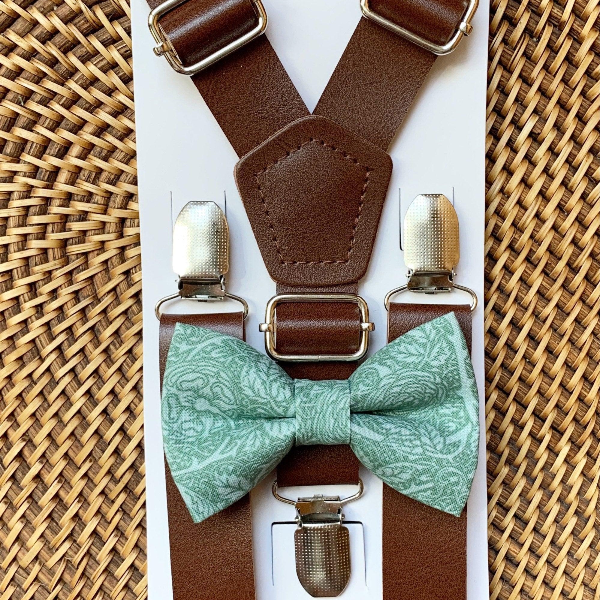 Sage green bow tie and brown suspenders for men, toddlers and kids handmade in the USA and pre-tied, for wedding, groomsmen and ring bearer.