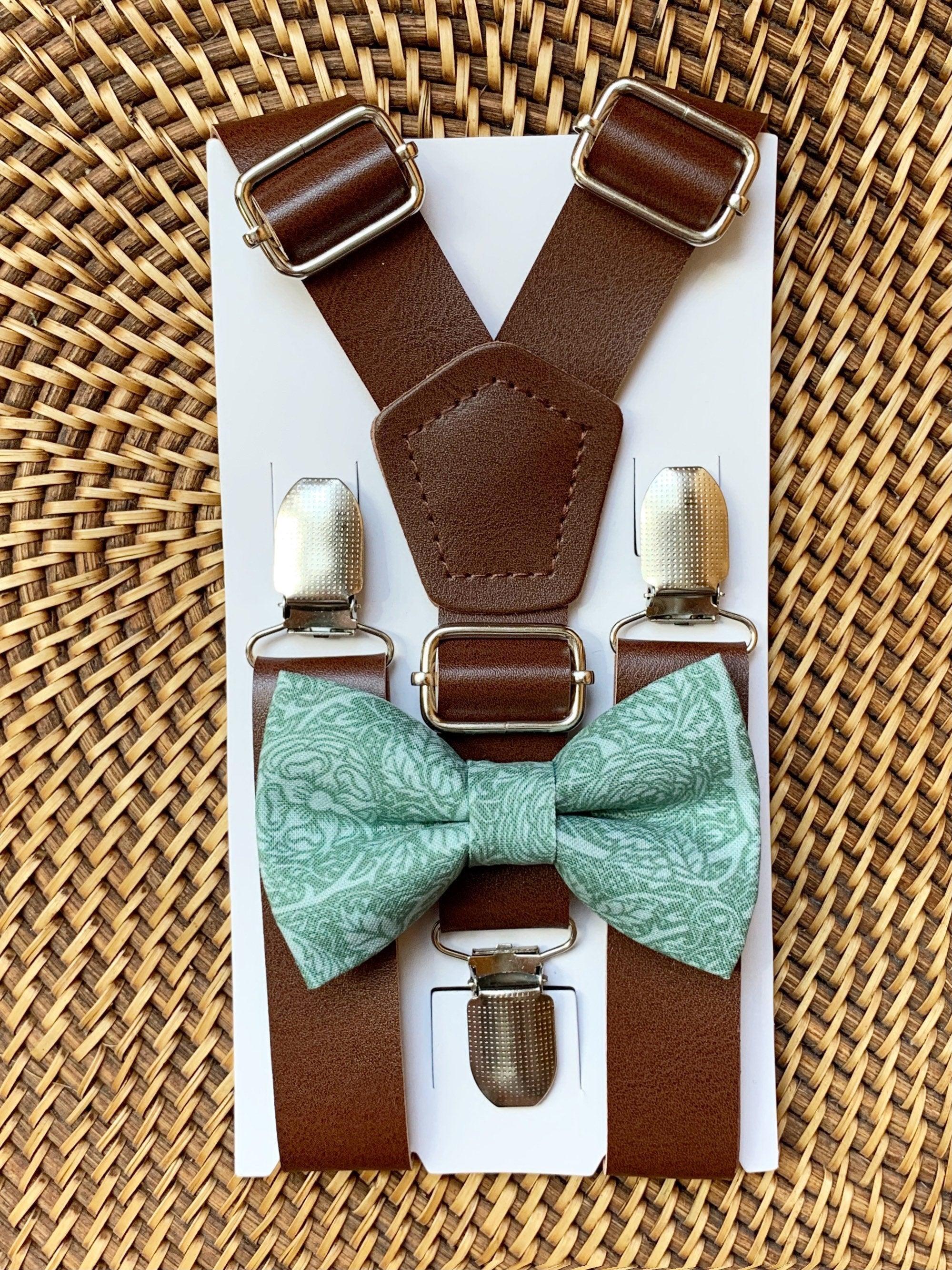 Sage green bow tie and brown suspenders for men, toddlers and kids handmade in the USA and pre-tied, for wedding, groomsmen and ring bearer.