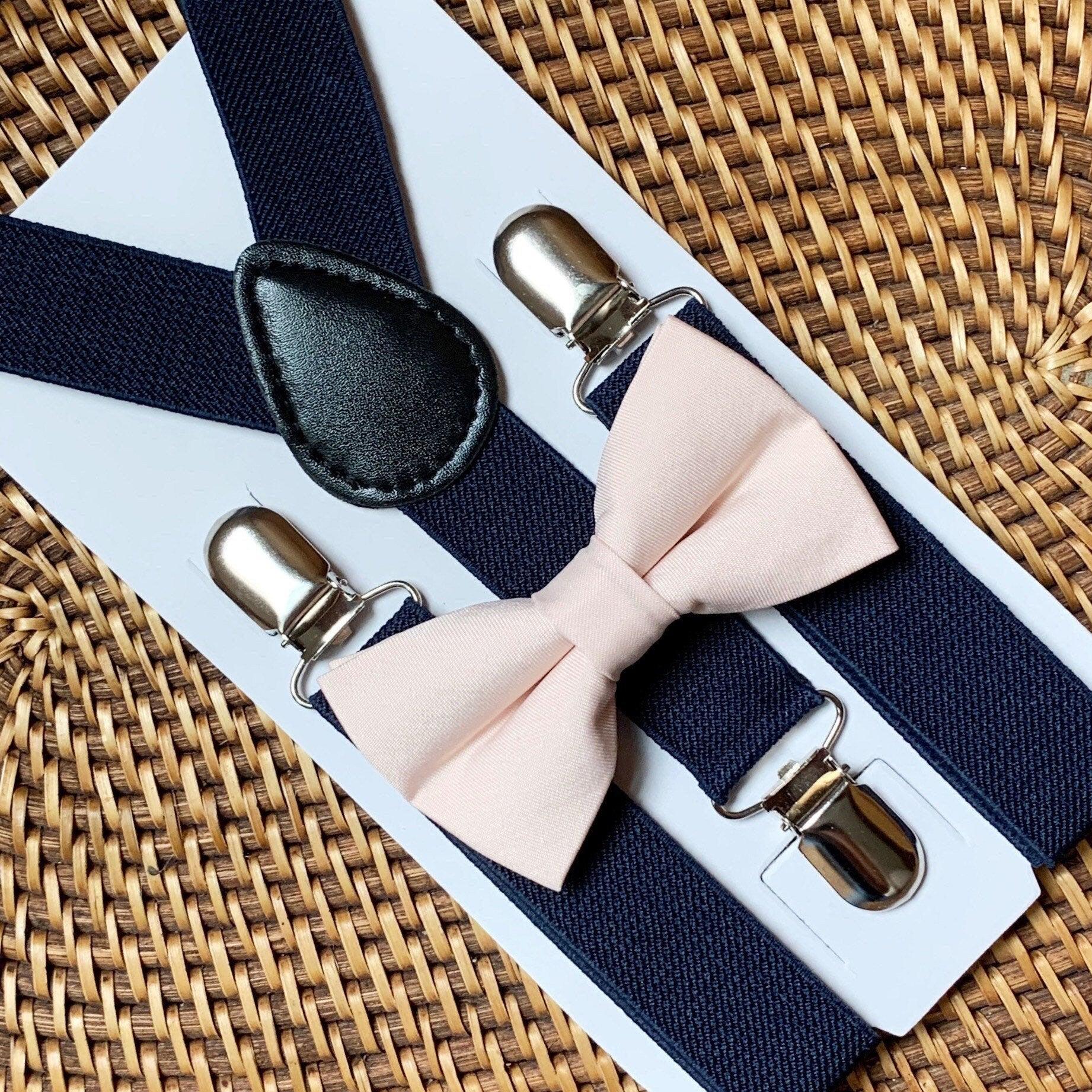 Blush pink Bow Tie in Satin & Navy Blue Suspenders Set for wedding groomsmen, and ring bearers.