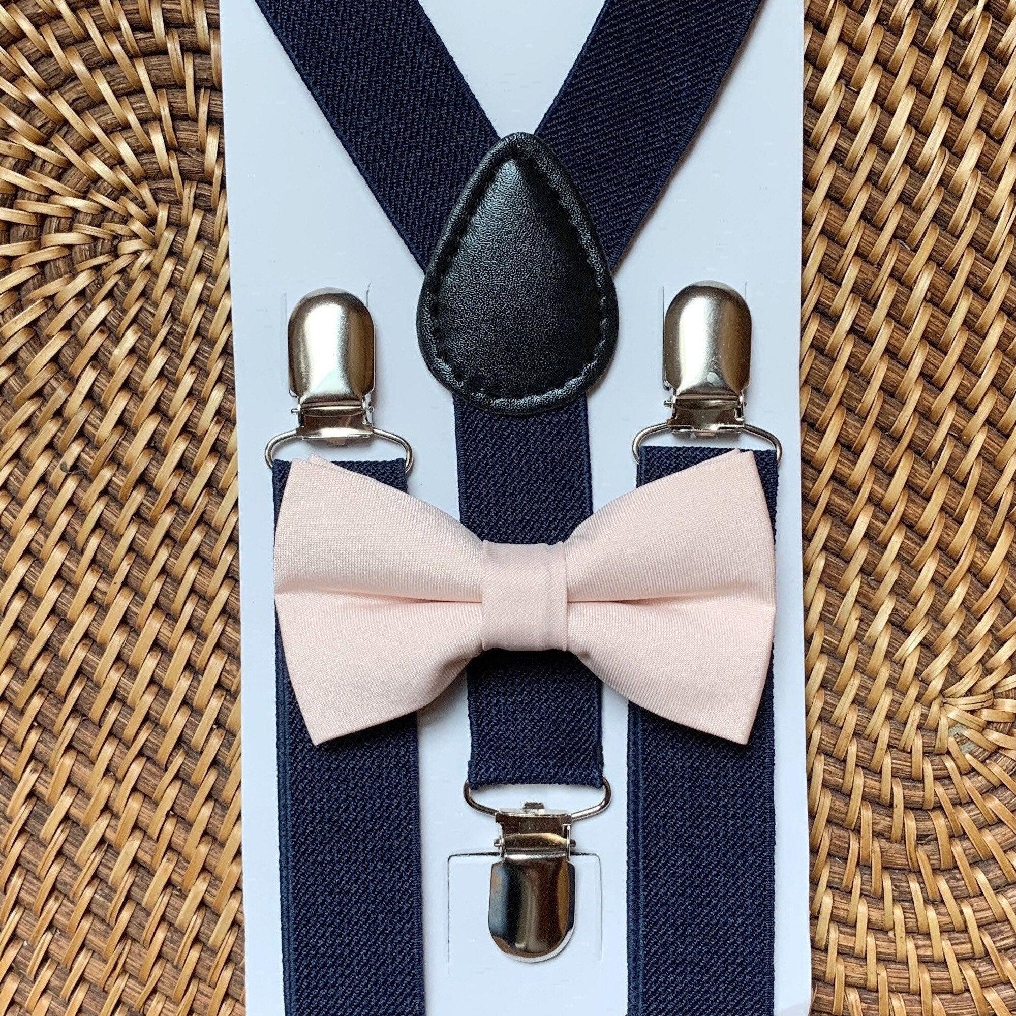 Blush pink Bow Tie in Satin & Navy Blue Suspenders Set for wedding groomsmen, and ring bearers.