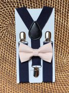 Blush pink Bow Tie in Satin & Navy Blue Suspenders Set for wedding groomsmen, and ring bearers.