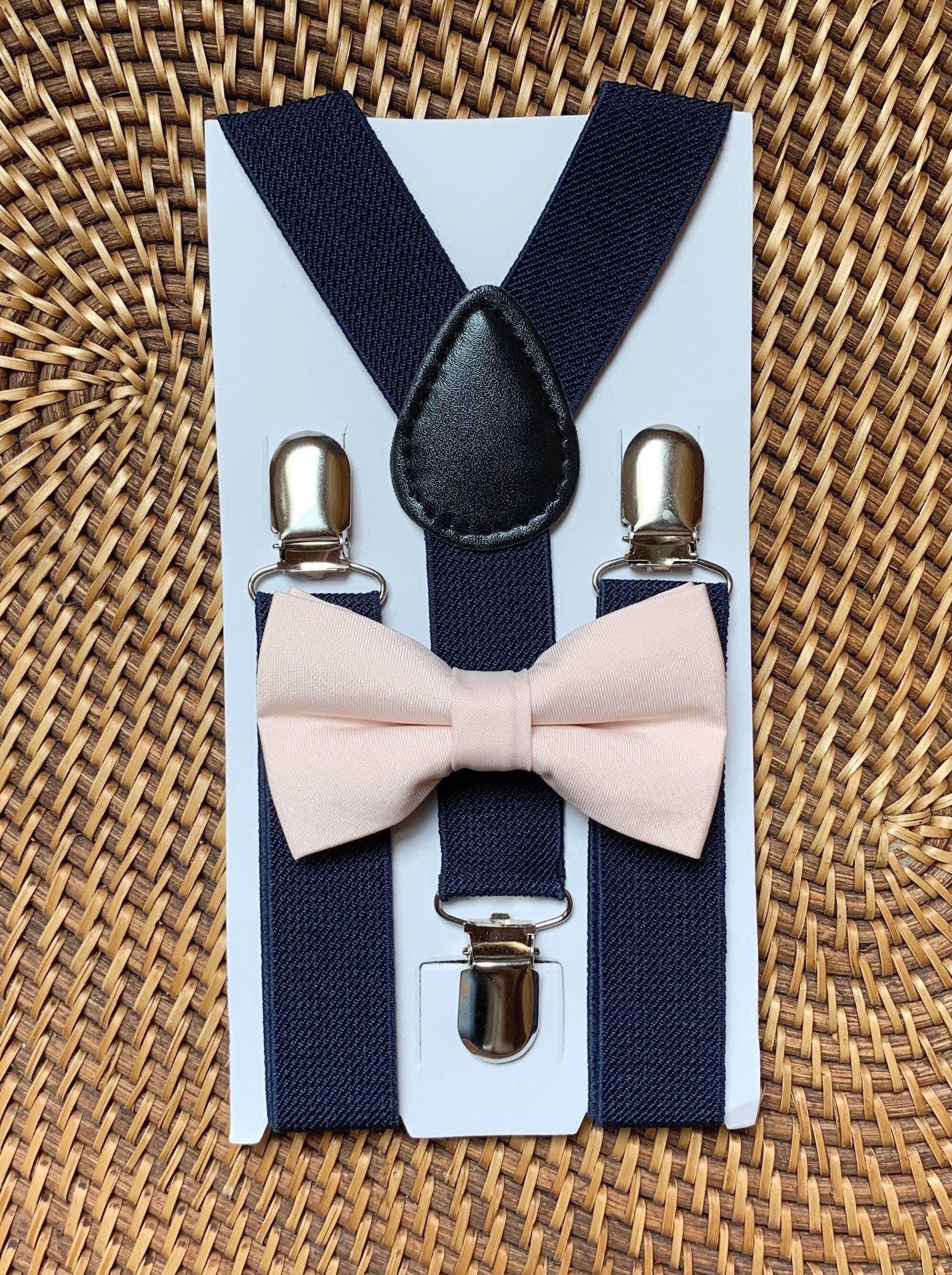 Blush pink Bow Tie in Satin & Navy Blue Suspenders Set for wedding groomsmen, and ring bearers.