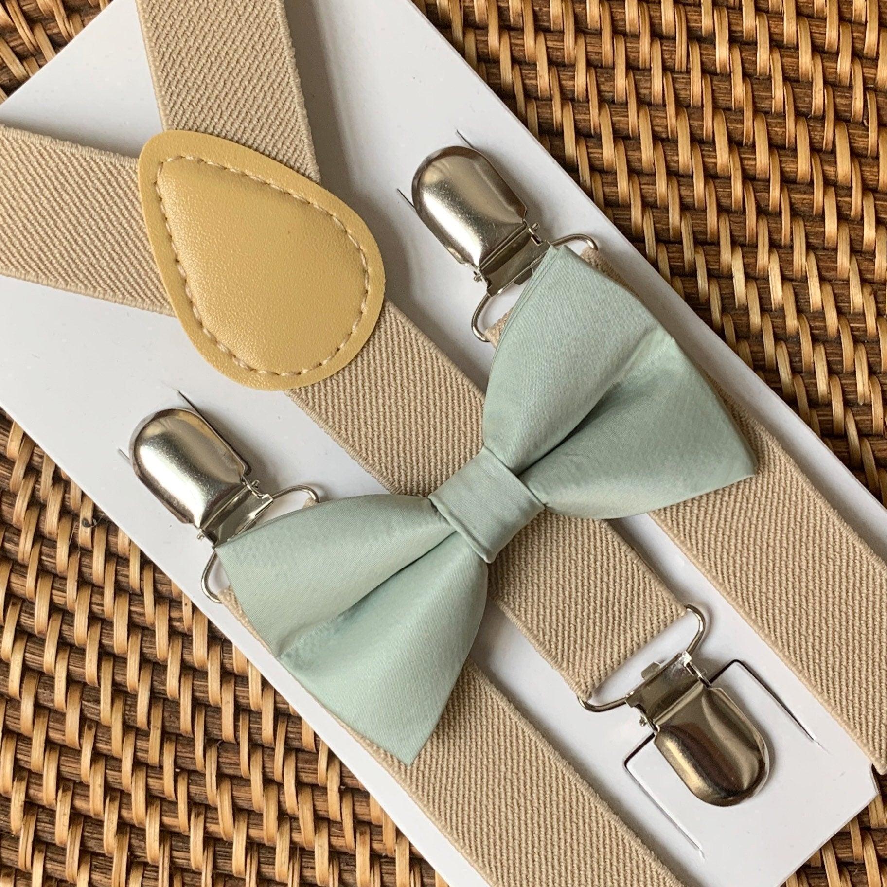 Satin Sage Bow Tie & Tan Suspenders Set for groomsmen, wedding and ring bearers.