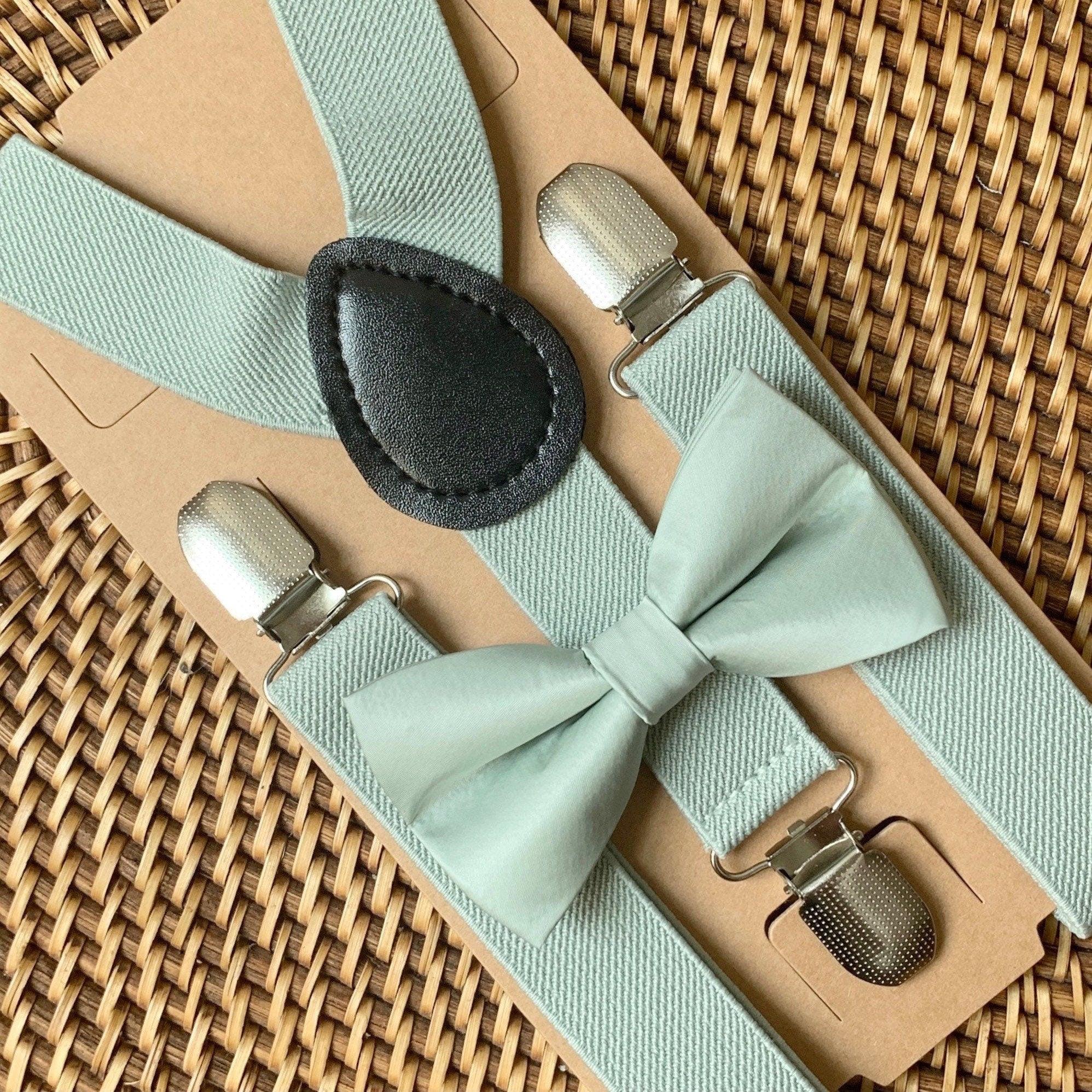 Sage Green Bow Tie for men & Suspenders Set for wedding, groomsmen and ring bearer outfit.