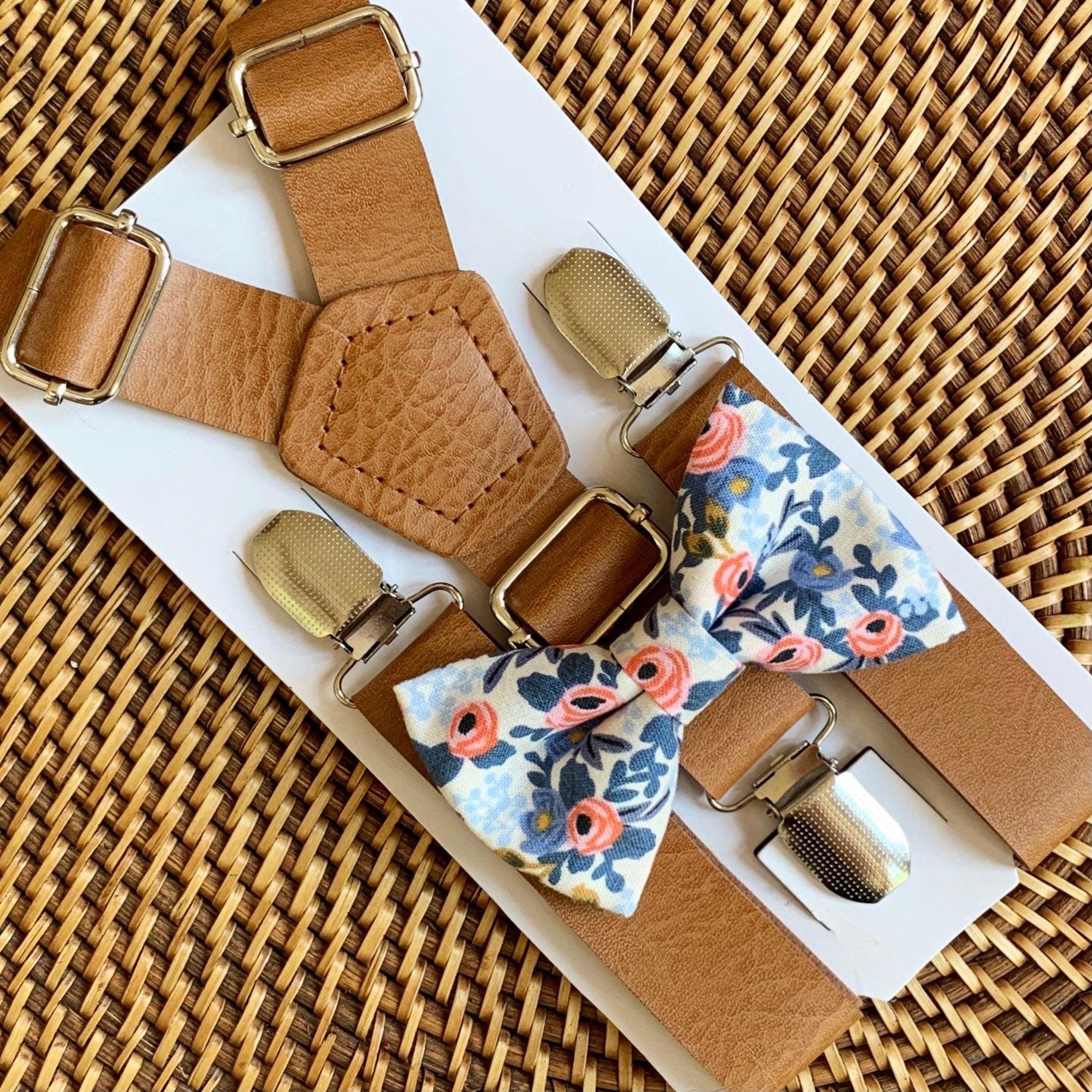 Floral bow tie and brown suspenders for men, toddlers and kids handmade in the USA and pre-tied, for wedding, groomsmen and ring bearer.