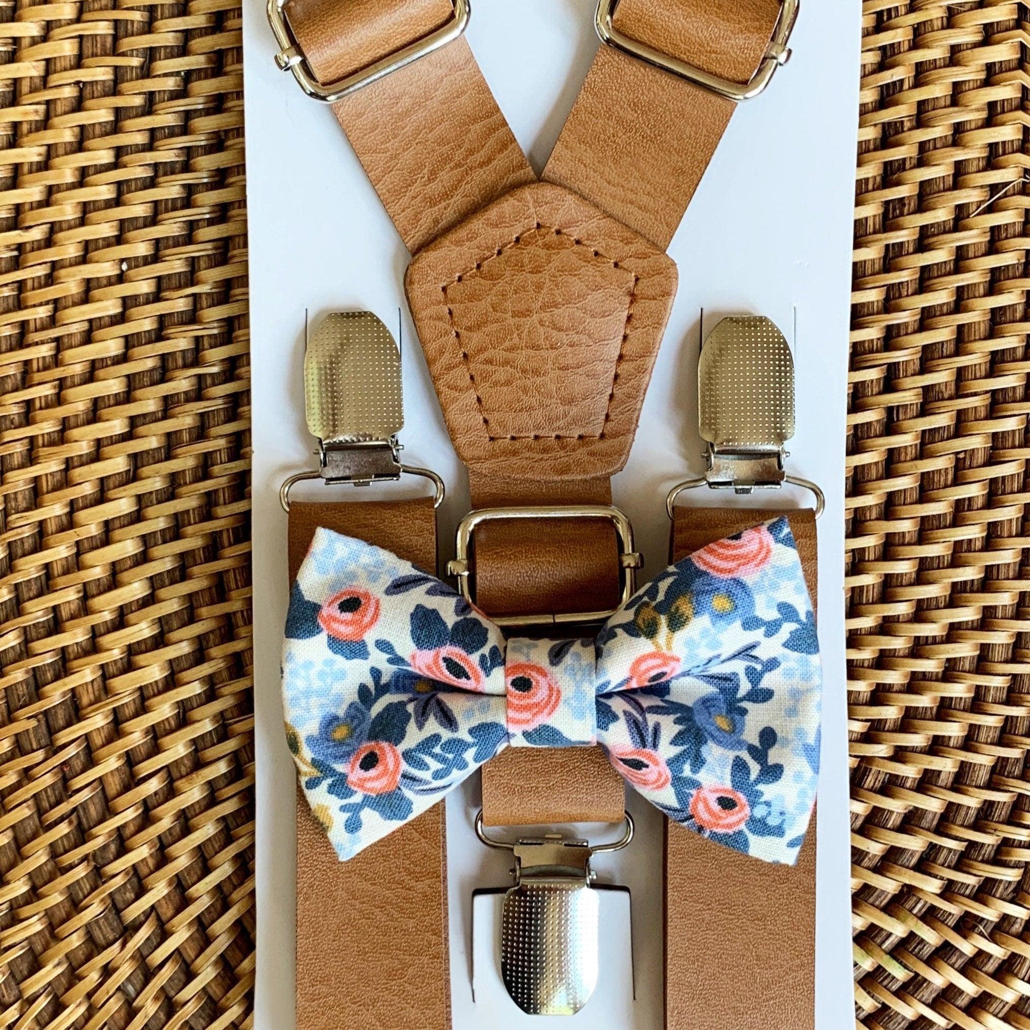 Floral bow tie and brown suspenders for men, toddlers and kids handmade in the USA and pre-tied, for wedding, groomsmen and ring bearer.