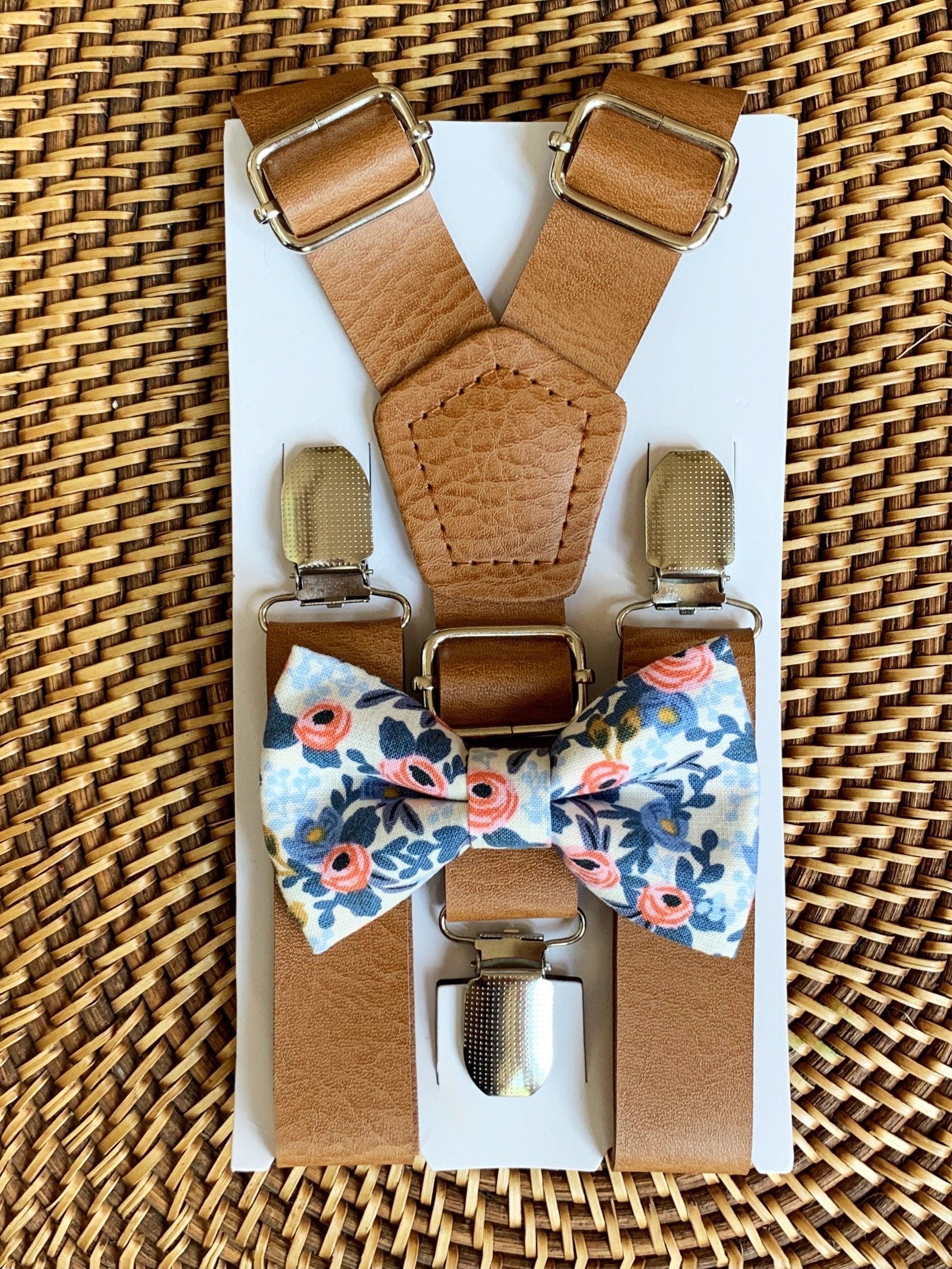 Floral bow tie and brown suspenders for men, toddlers and kids handmade in the USA and pre-tied, for wedding, groomsmen and ring bearer.