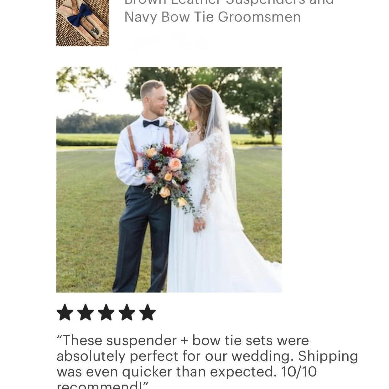 Bride and groom outdoors with the groom wearing a navy bow tie and tan vegan leather suspenders