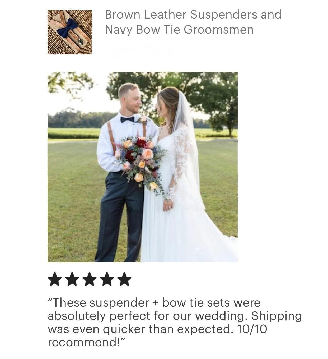 Bride and groom outdoors with the groom wearing a navy bow tie and tan vegan leather suspenders