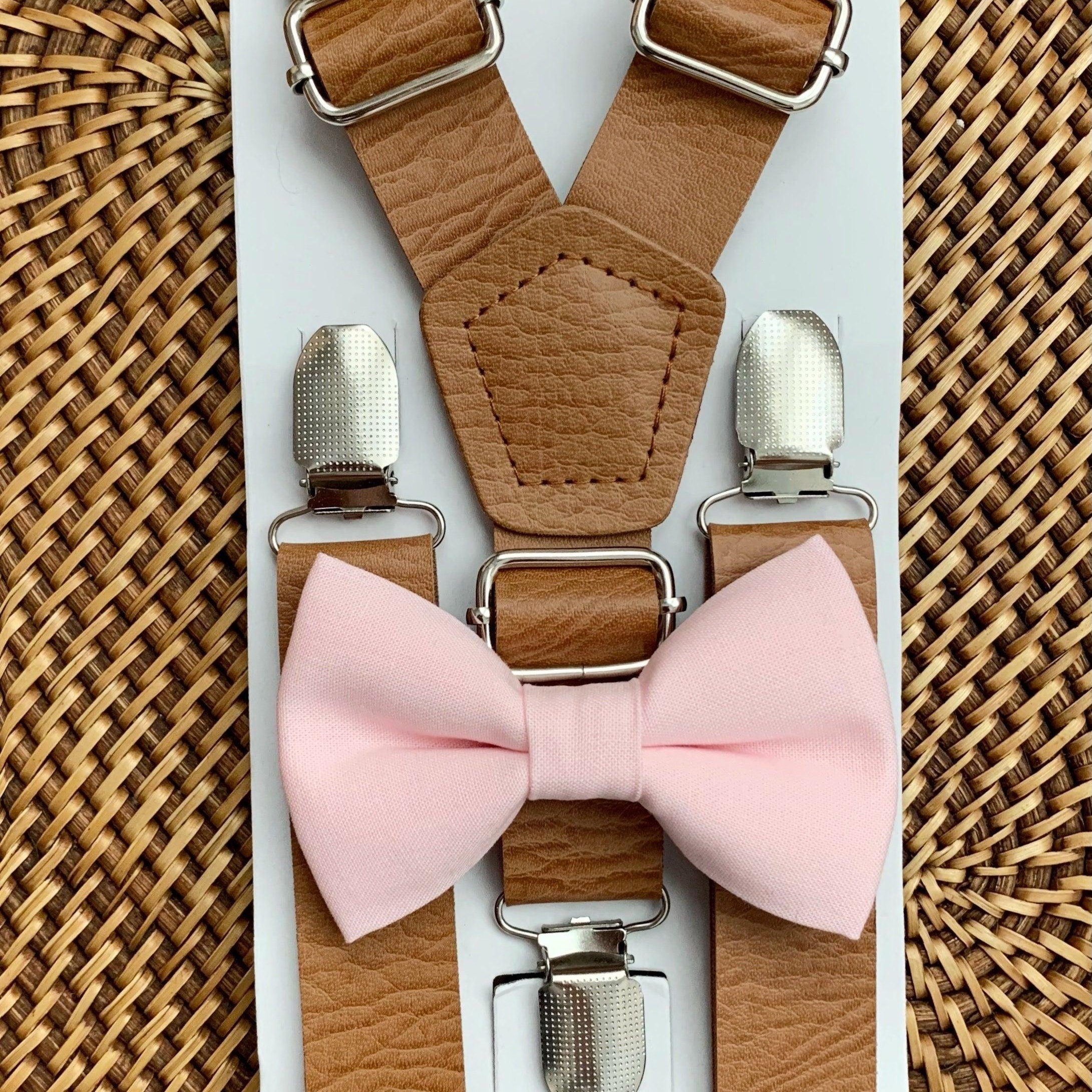 Blush pink bow tie and brown suspenders for men, toddlers and kids handmade in the USA and pre-tied, for wedding, groomsmen and ring bearer.
