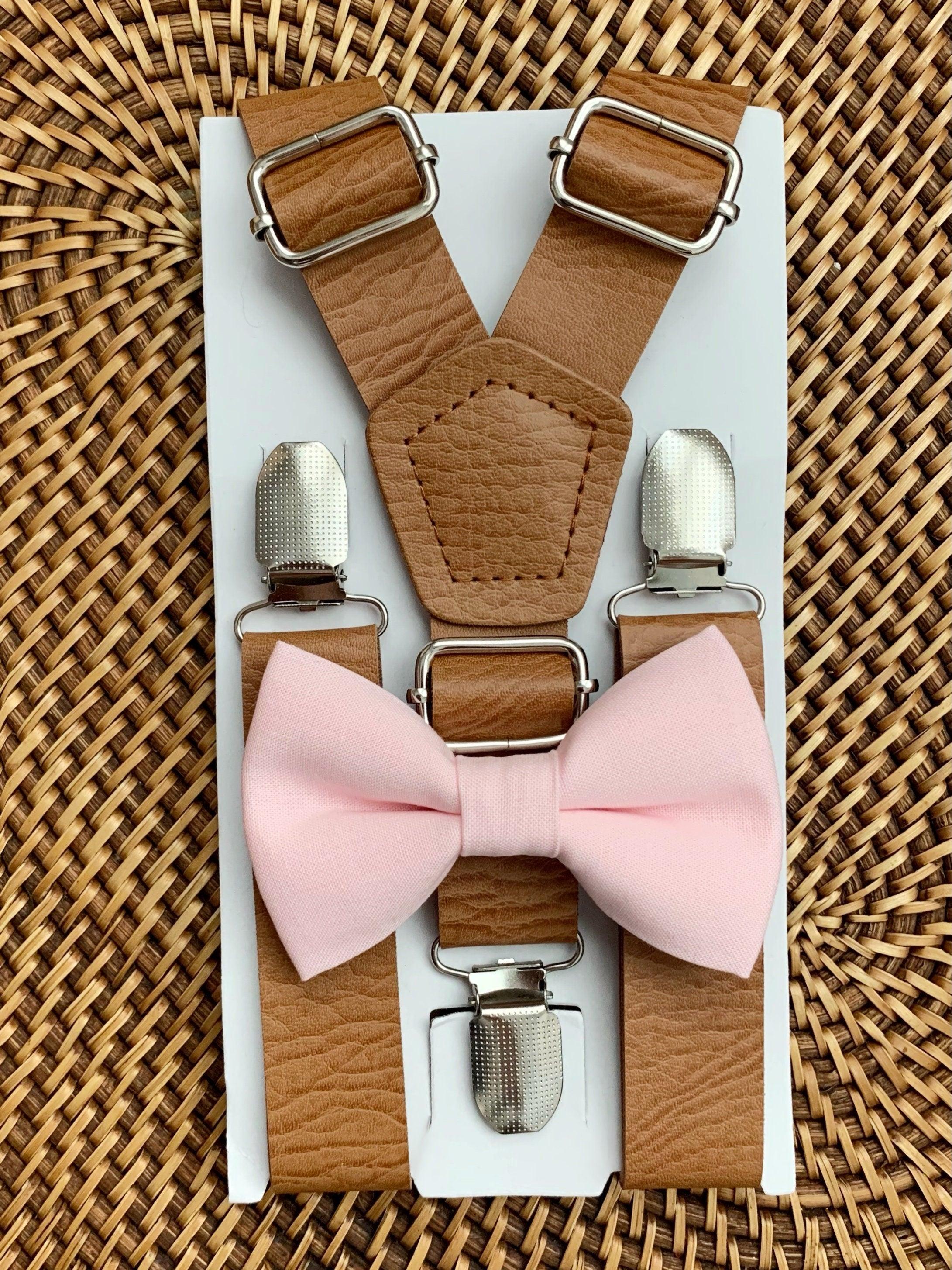 Blush pink bow tie and brown suspenders for men, toddlers and kids handmade in the USA and pre-tied, for wedding, groomsmen and ring bearer.