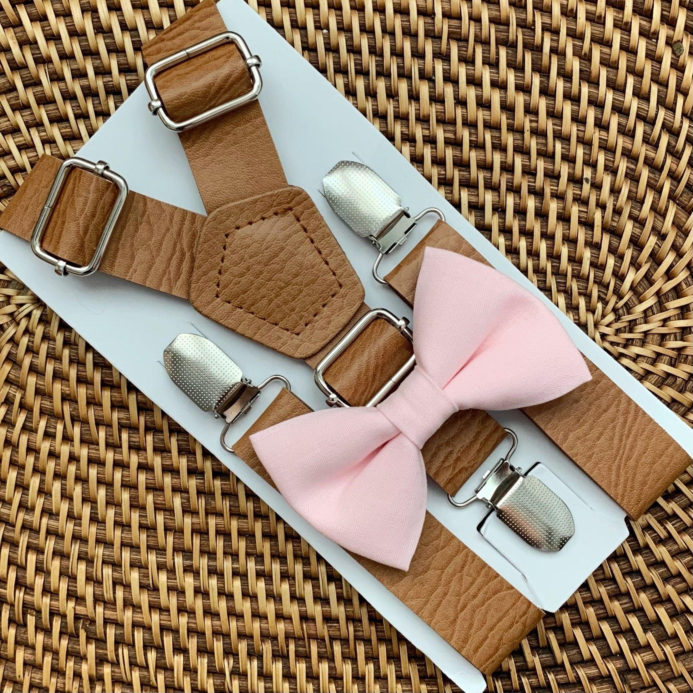 Blush pink bow tie and brown suspenders for men, toddlers and kids handmade in the USA and pre-tied, for wedding, groomsmen and ring bearer.