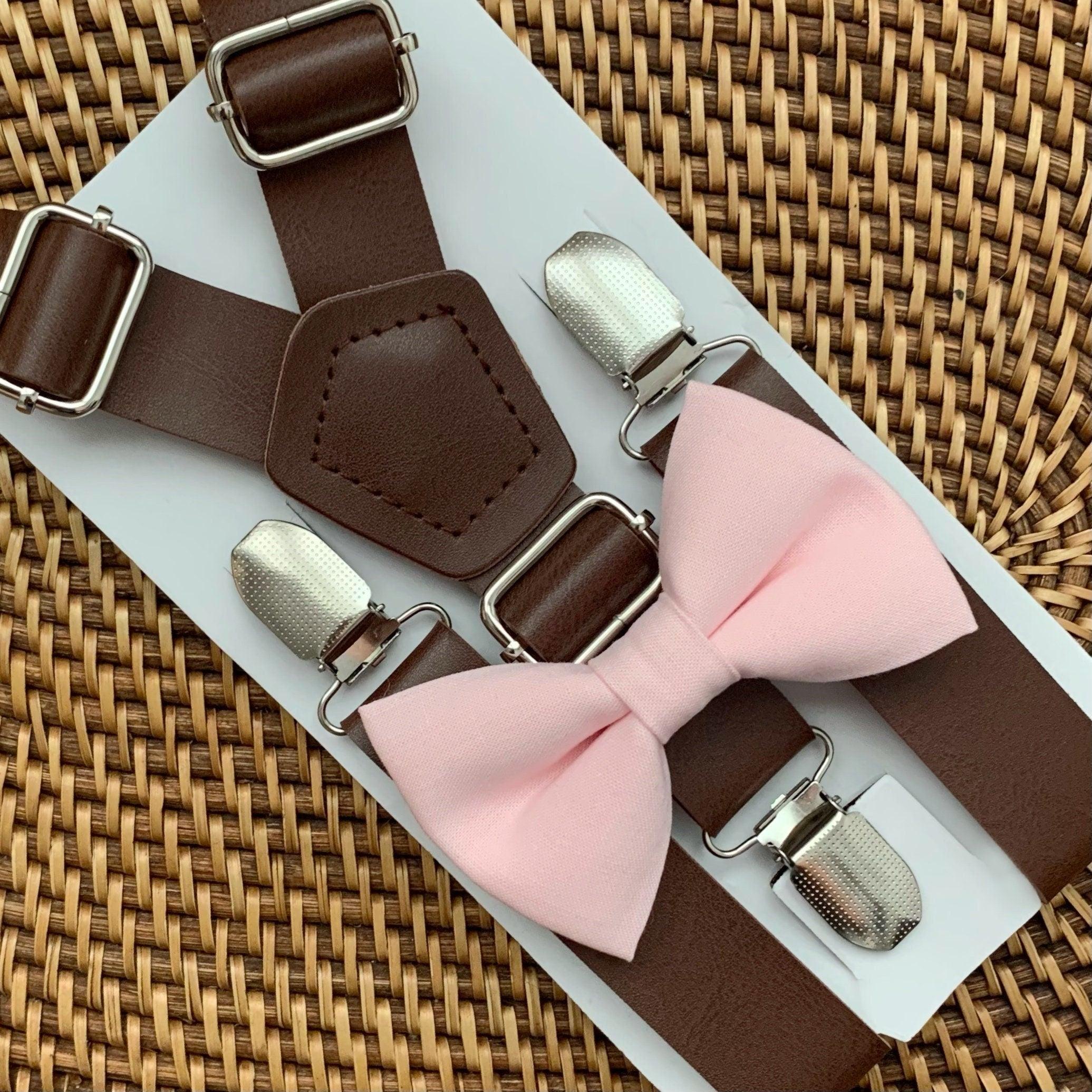 Blush bow tie and brown suspenders for men, toddlers and kids handmade in the USA and pre-tied, for wedding, groomsmen and ring bearer.
