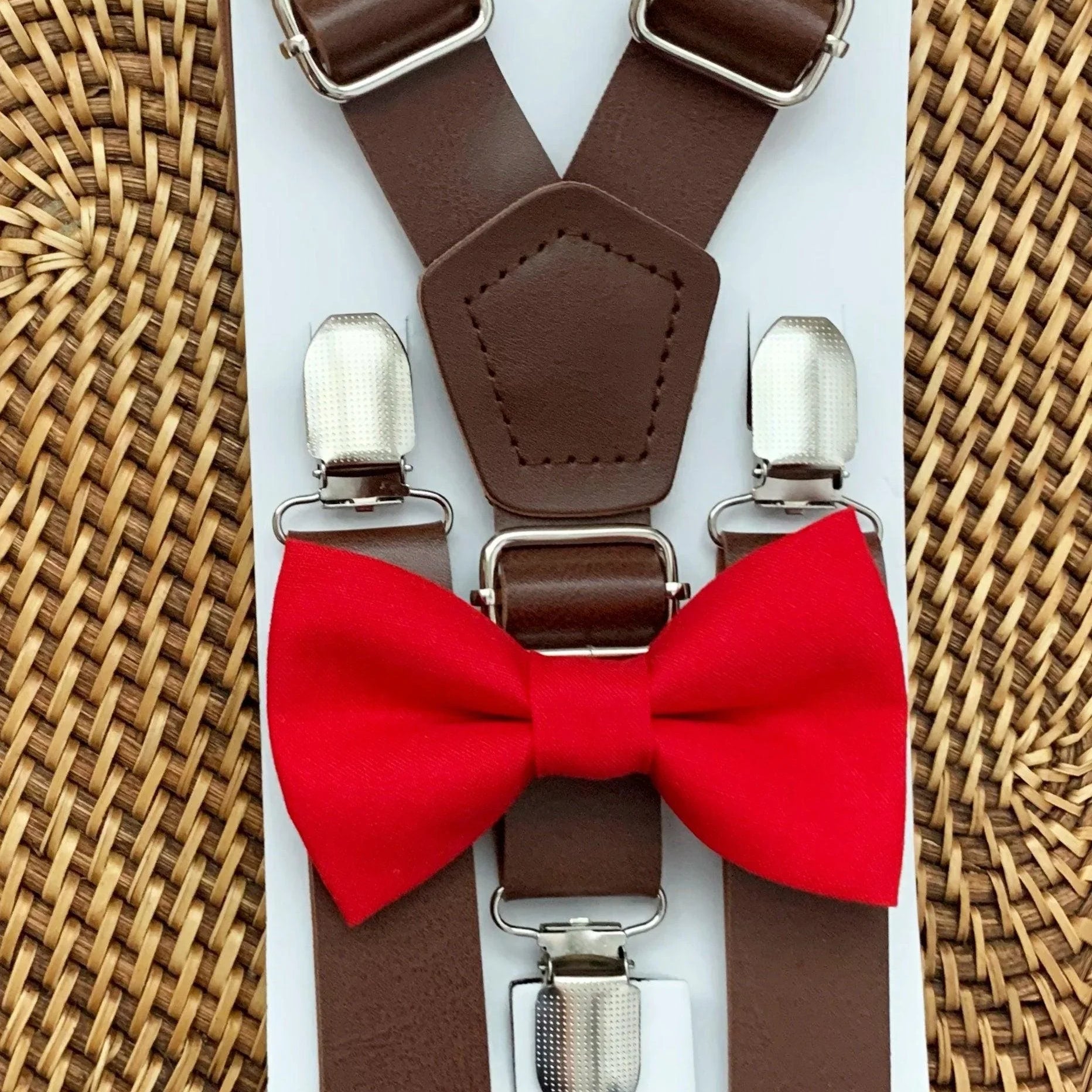 Red bow tie and brown suspenders for men, toddlers and kids handmade in the USA and pre-tied, for wedding, groomsmen and ring bearer.