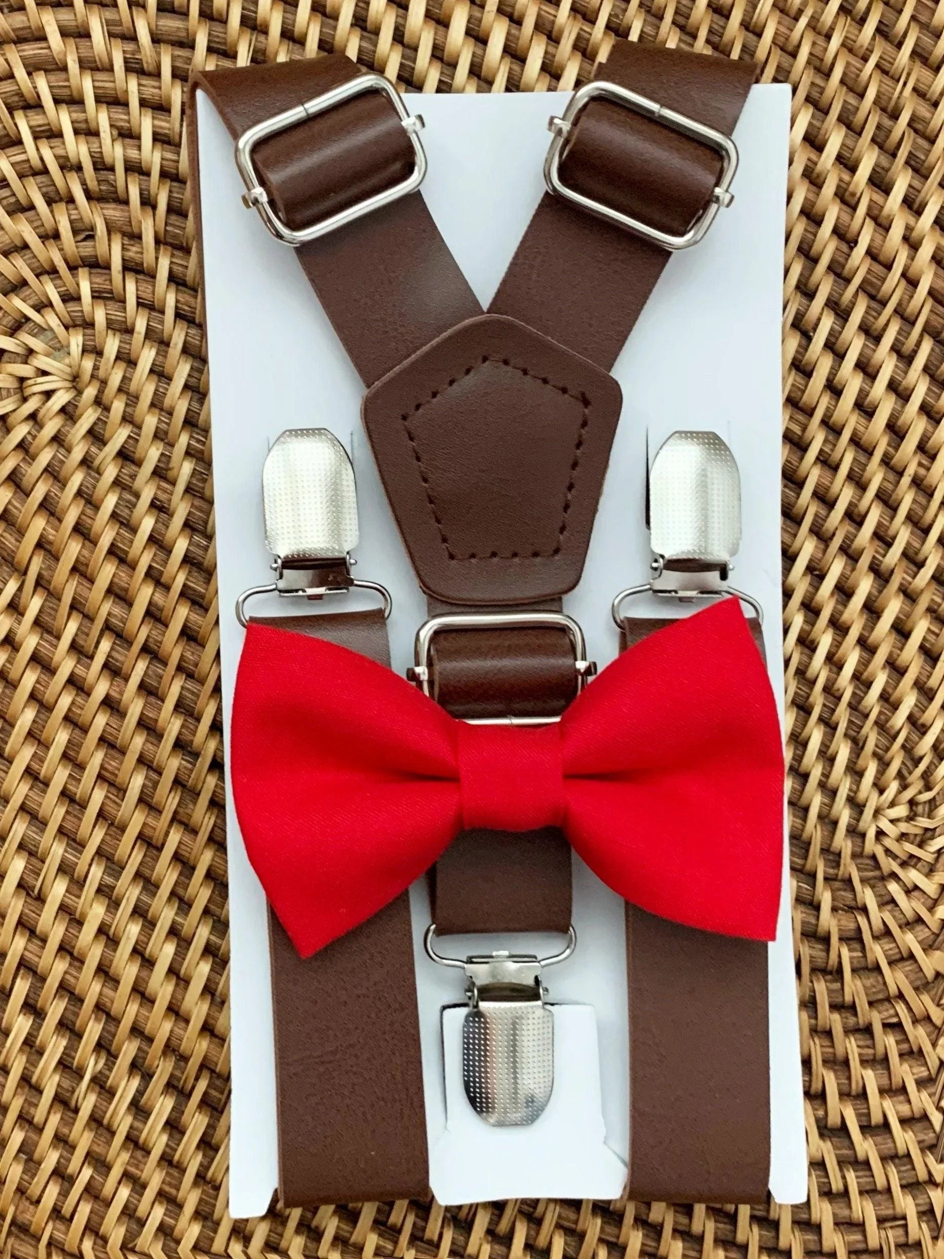 Red bow tie and brown suspenders for men, toddlers and kids handmade in the USA and pre-tied, for wedding, groomsmen and ring bearer.