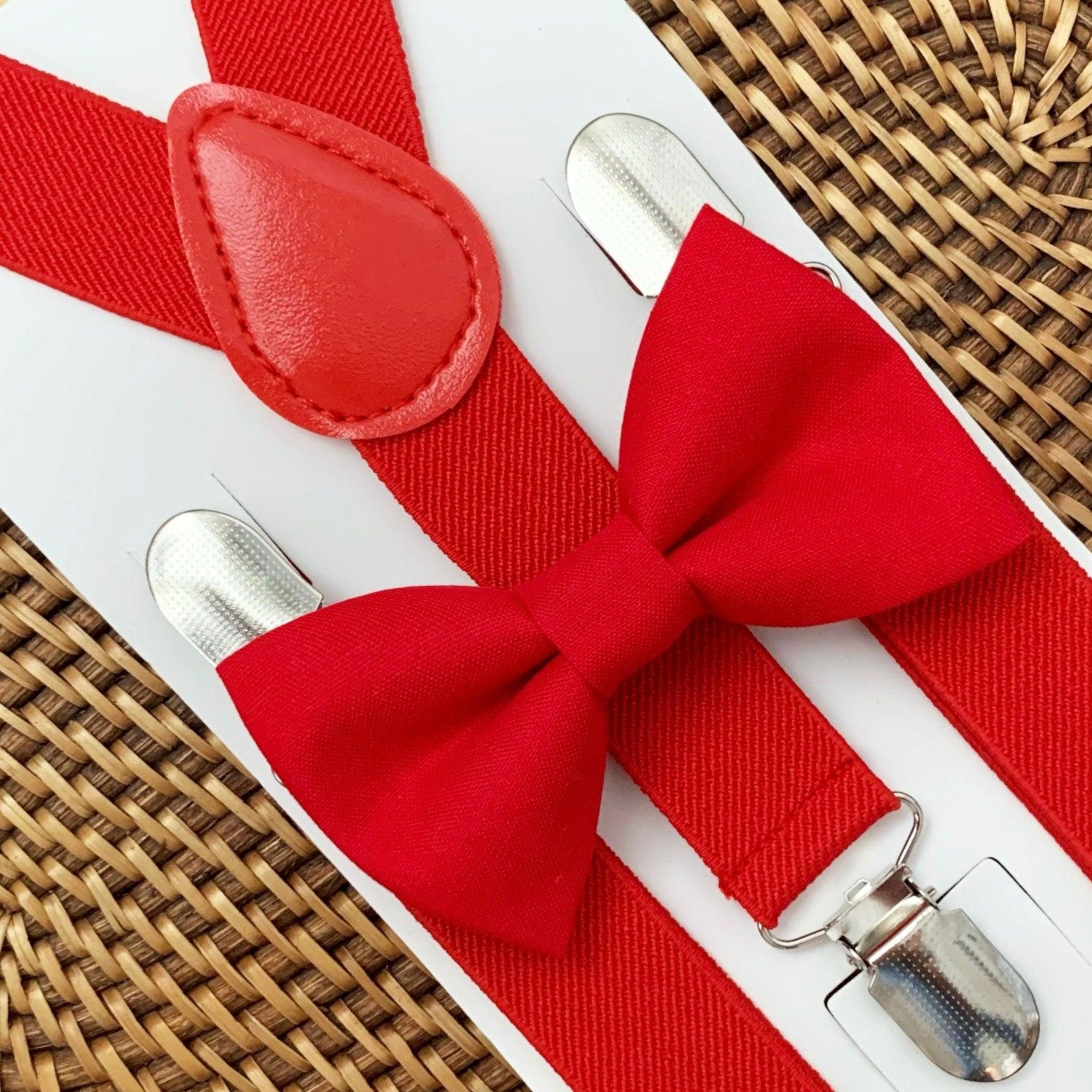 Red bow tie and red suspenders set for Christmas, wedding, ring bearers and groomsmen.