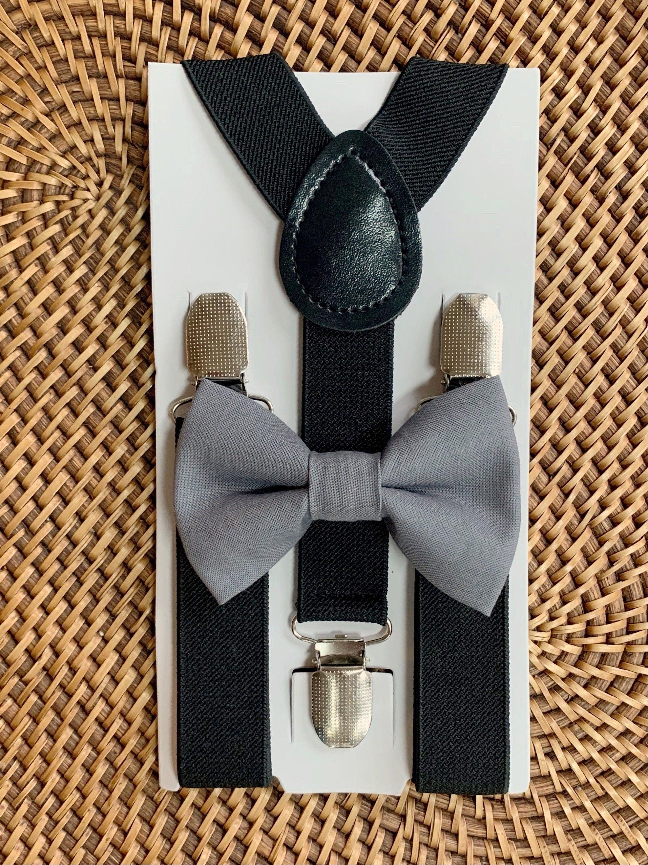 Size chart for suspender and bow tie sets from The Bold Bow Tie. Small (6mo-6yr): 18"-29" suspenders, 3.5" bow. Medium (7-12yr): 25.5"-40" suspenders, 4" bow. Adult (13yr-6ft tall): 25.5"-40" suspenders, 4.5" bow. Big & Tall (Over 6ft tall): 31"-53" suspenders, 4.5" bow. Instructions note to measure from the back waistband over the shoulder to the front waistband for a comfortable fit.