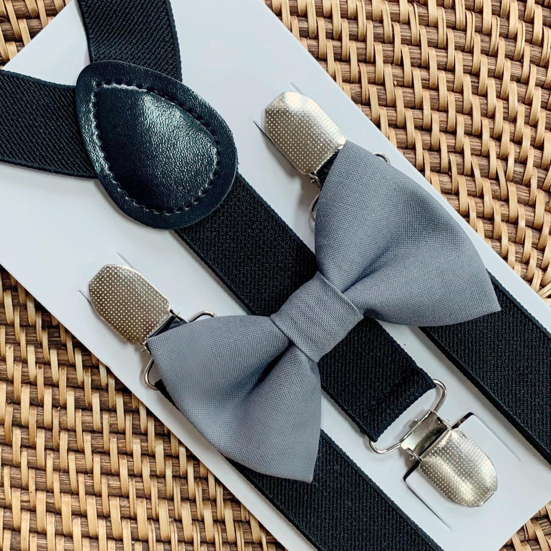 Gray bow tie and black suspenders for men, toddlers and kids handmade in the USA and pre-tied, for wedding, groomsmen and ring bearer.