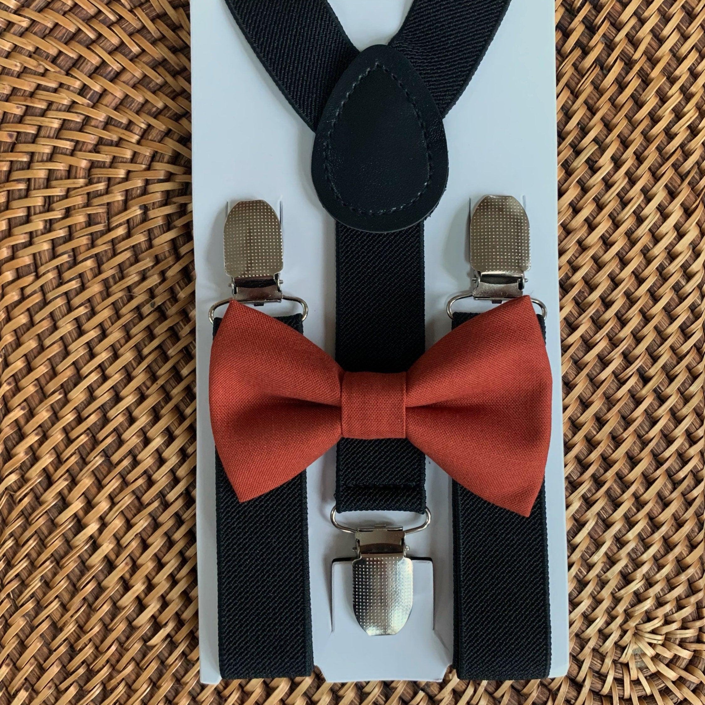 Burnt orange bow tie and black suspenders for men, toddlers and kids handmade in the USA and pre-tied, for wedding, groomsmen and ring bearer.