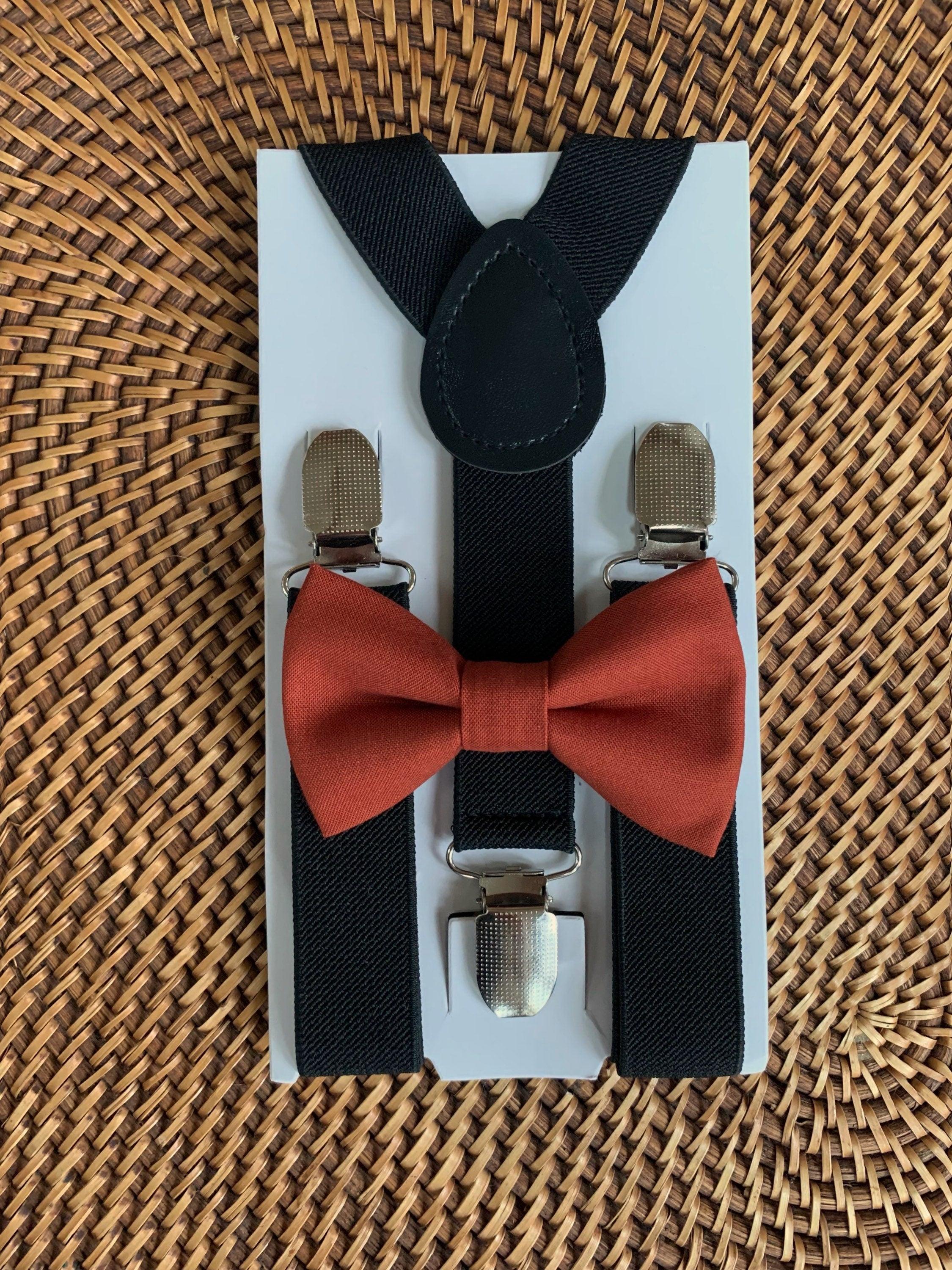 Burnt orange bow tie and black suspenders for men, toddlers and kids handmade in the USA and pre-tied, for wedding, groomsmen and ring bearer.