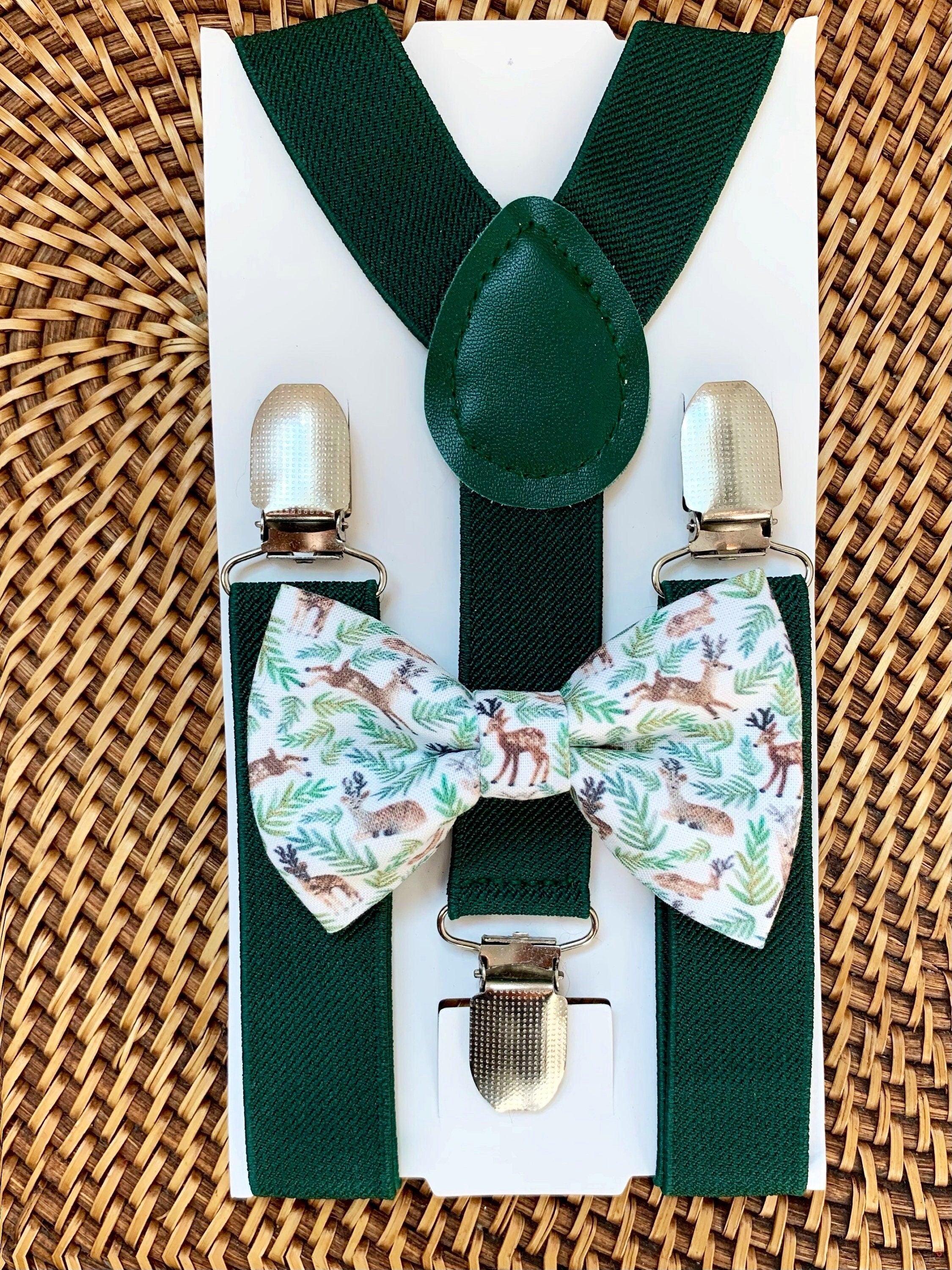 Size chart for suspender and bow tie sets from The Bold Bow Tie. Small (6mo-6yr): 18"-29" suspenders, 3.5" bow. Medium (7-12yr): 25.5"-40" suspenders, 4" bow. Adult (13yr-6ft tall): 25.5"-40" suspenders, 4.5" bow. Big & Tall (Over 6ft tall): 31"-53" suspenders, 4.5" bow. Instructions note to measure from the back waistband over the shoulder to the front waistband for a comfortable fit.