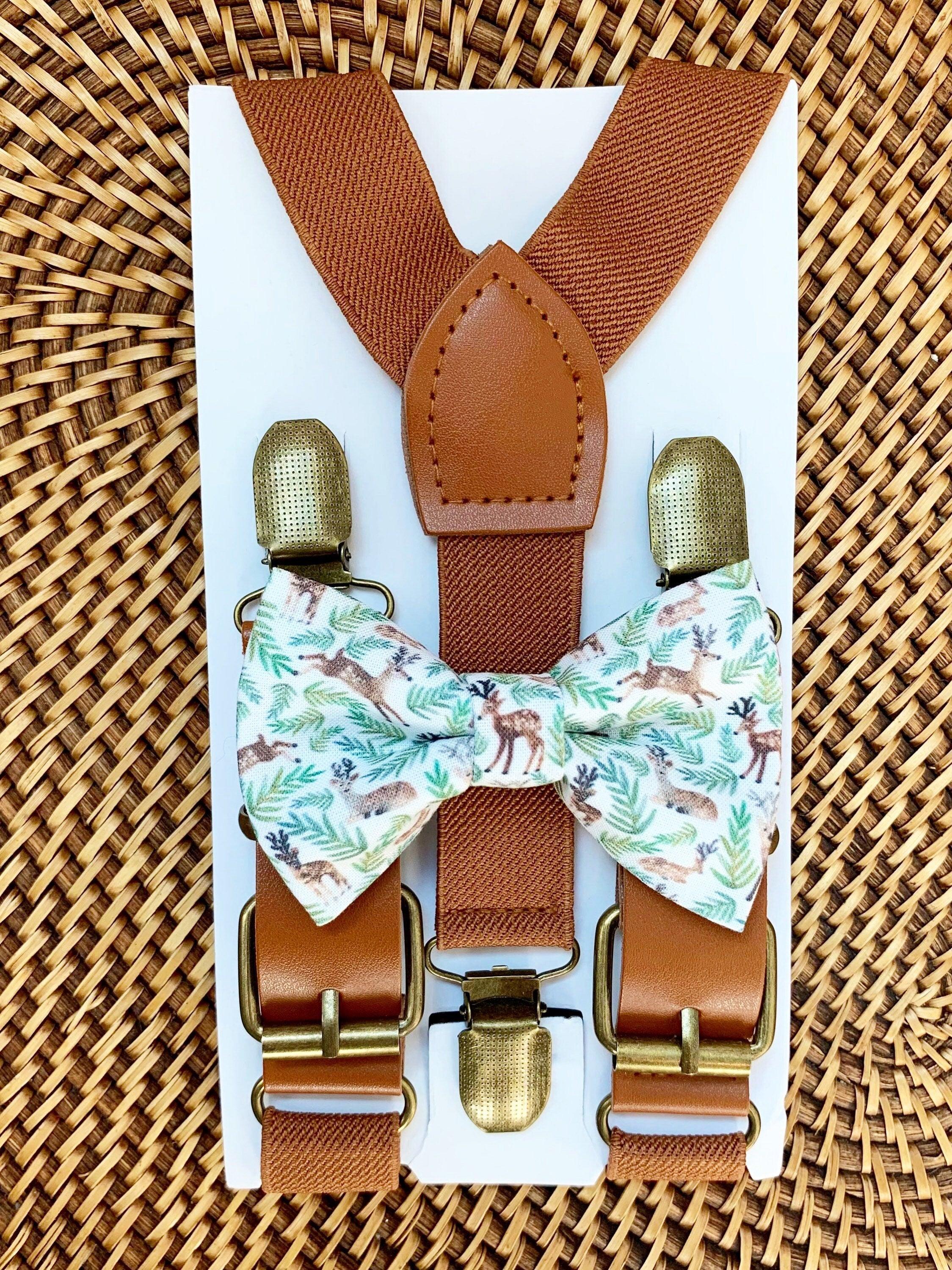 Size chart for suspender and bow tie sets from The Bold Bow Tie. X-Small (6mo-4yr): 15"-23" suspenders, 3.5" bow. Small (5-9yr): 18"-33" suspenders, 3.5" bow. Medium (10-12yr): 18"-33" suspenders, 4" bow. Adult (13yr-6'5"): 30"-53" suspenders, 4.5" bow. Big & Tall (Over 6'5"): 53"+ suspenders, 4.5" bow. Instructions note to measure from the back waistband over the shoulder to the front waistband for a comfortable fit.