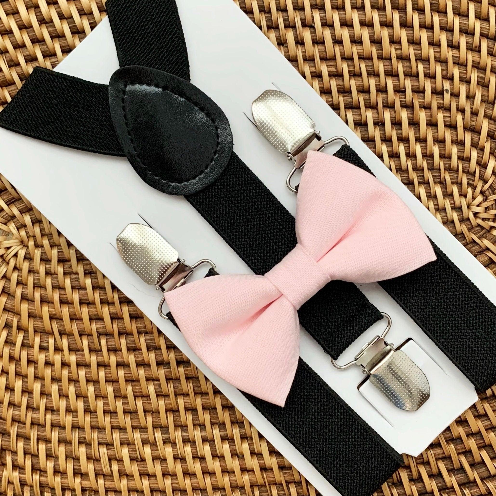 Blush bow tie and black suspenders for men, toddlers and kids handmade in the USA and pre-tied, for wedding, groomsmen and ring bearer.