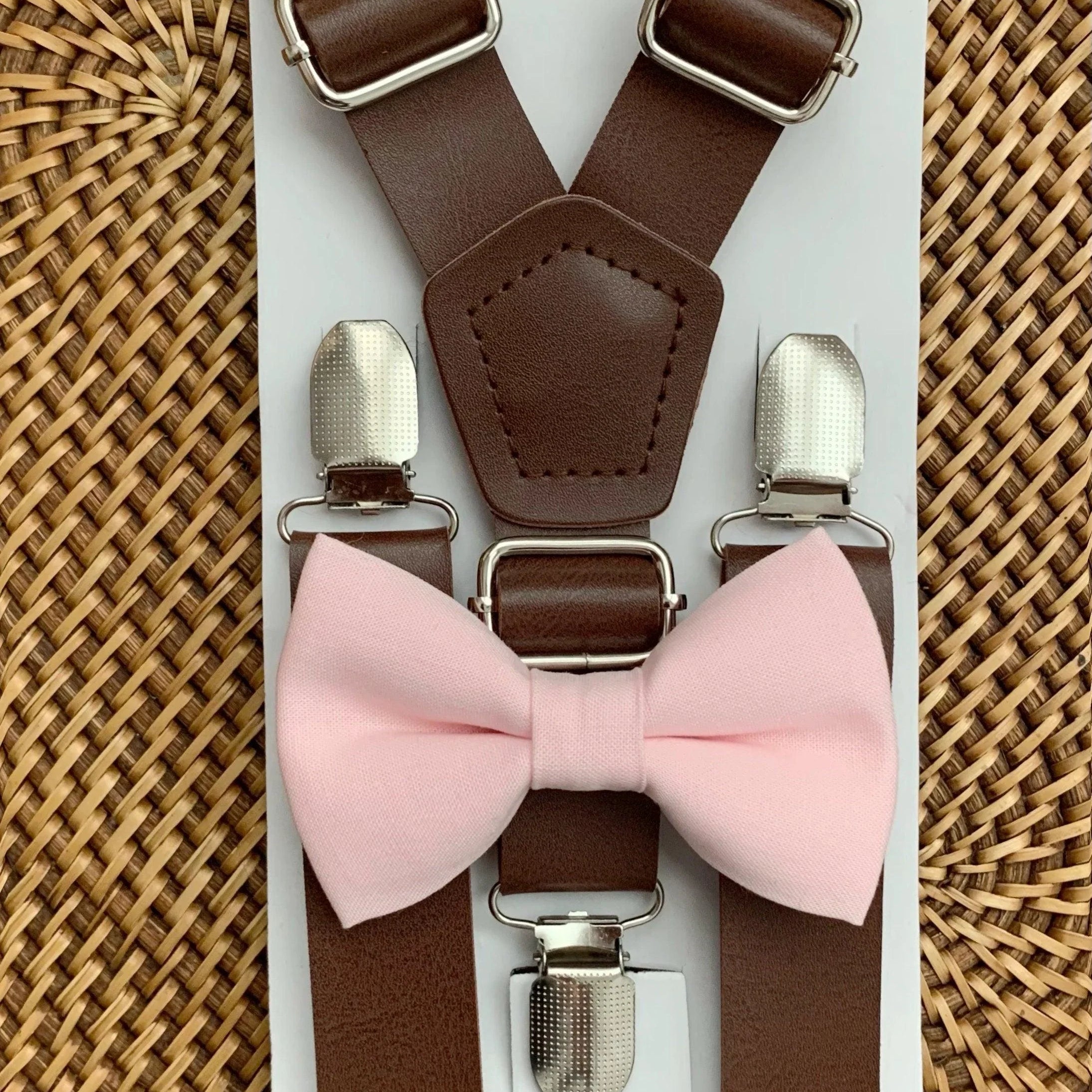 Blush pink bow tie and brown suspenders for men, toddlers and kids handmade in the USA and pre-tied, for wedding, groomsmen and ring bearer.
