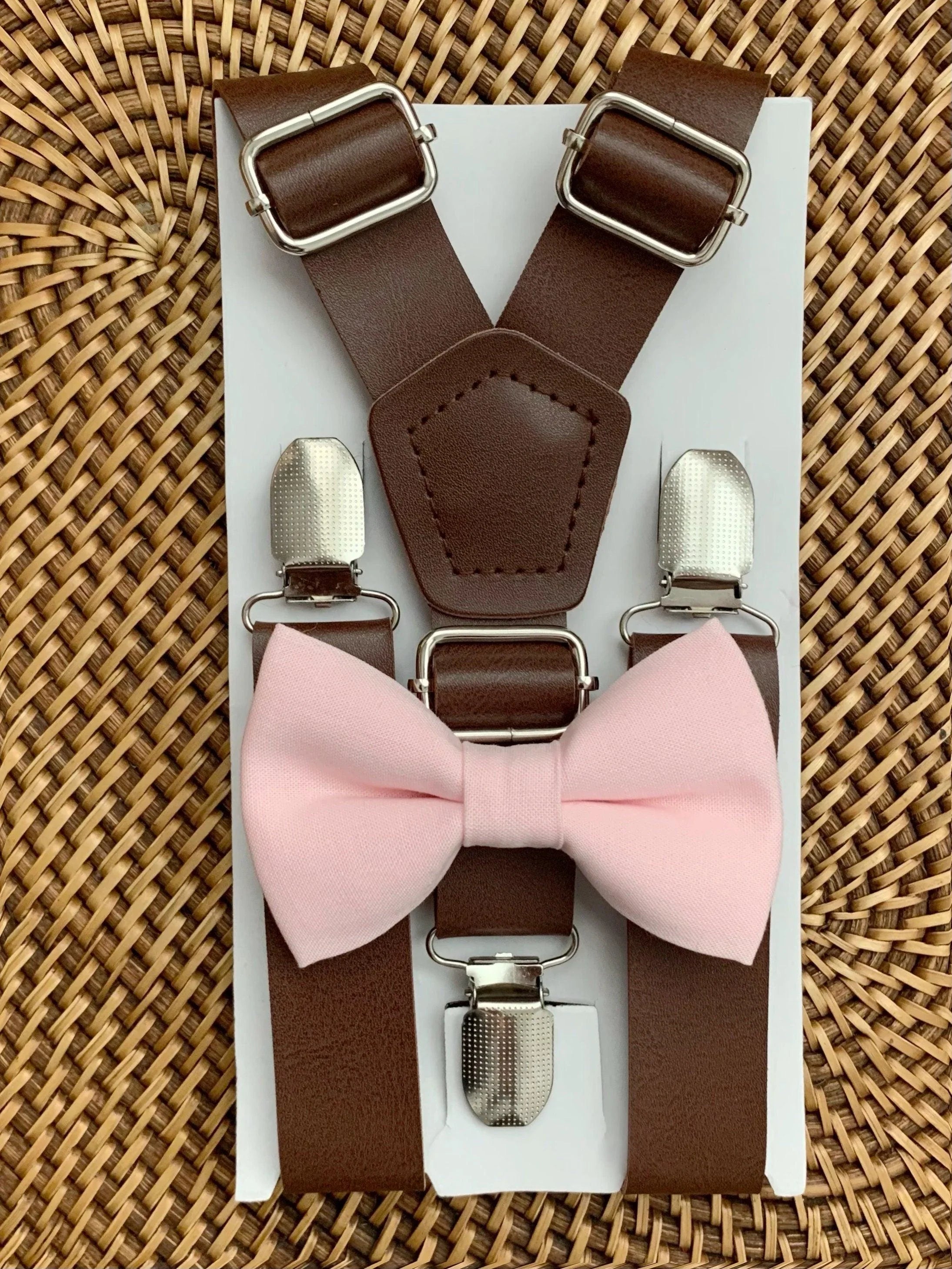 Blush pink bow tie and brown suspenders for men, toddlers and kids handmade in the USA and pre-tied, for wedding, groomsmen and ring bearer.