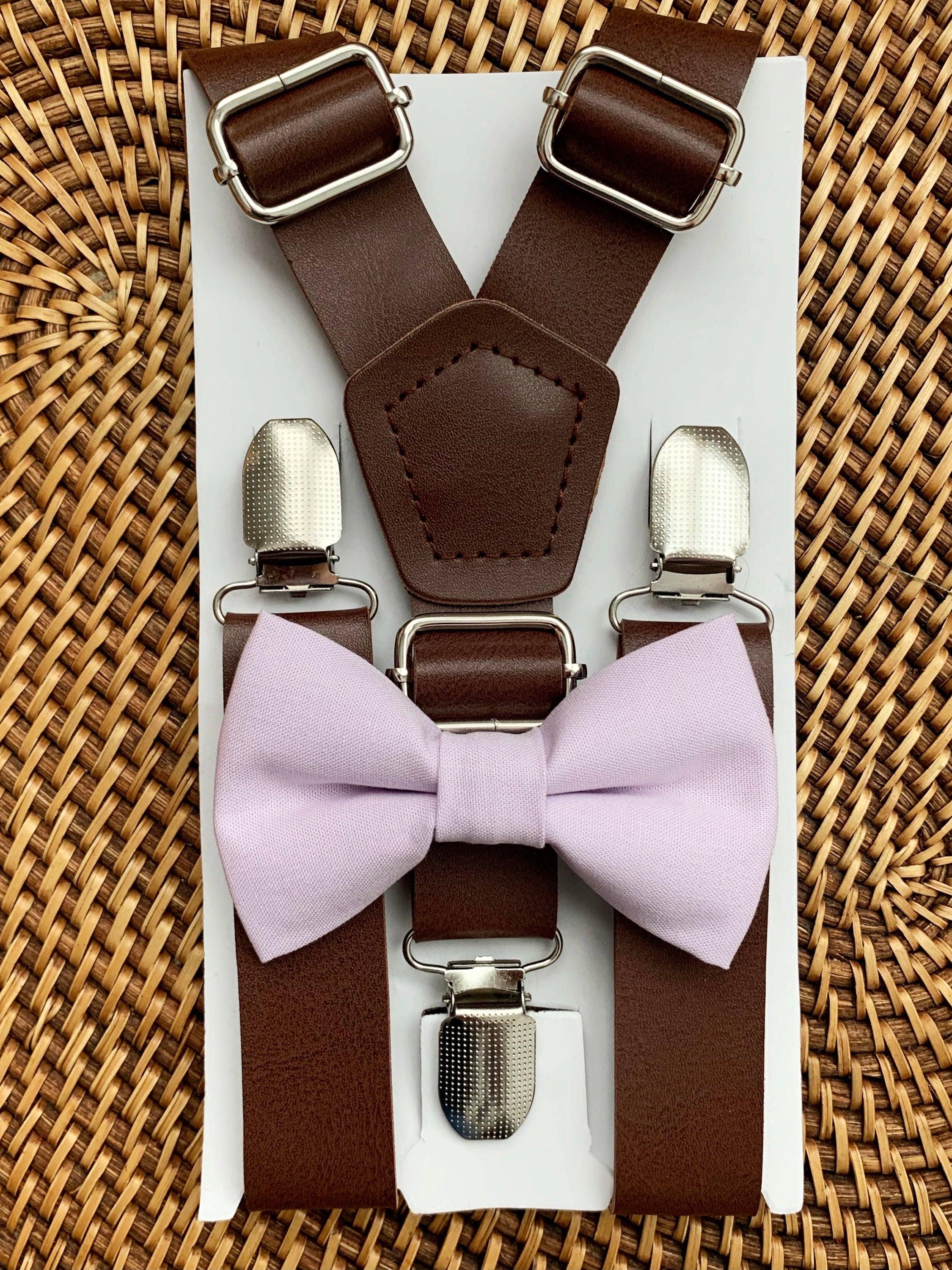 Iris Purple Lavender Bow Tie & Dark Brown Vegan Leather Suspenders Set