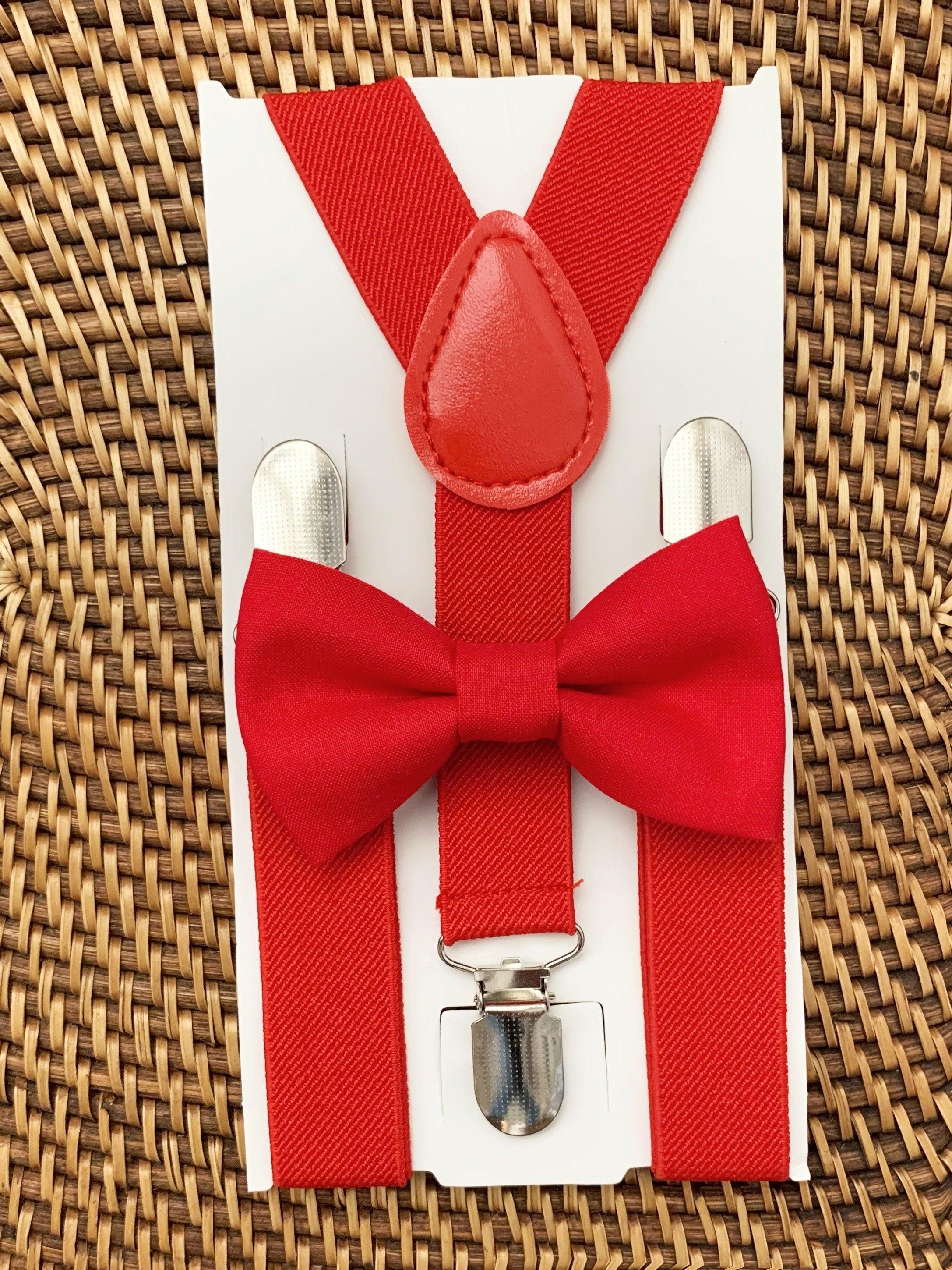 Red bow tie and red suspenders set for Christmas, wedding, ring bearers and groomsmen.