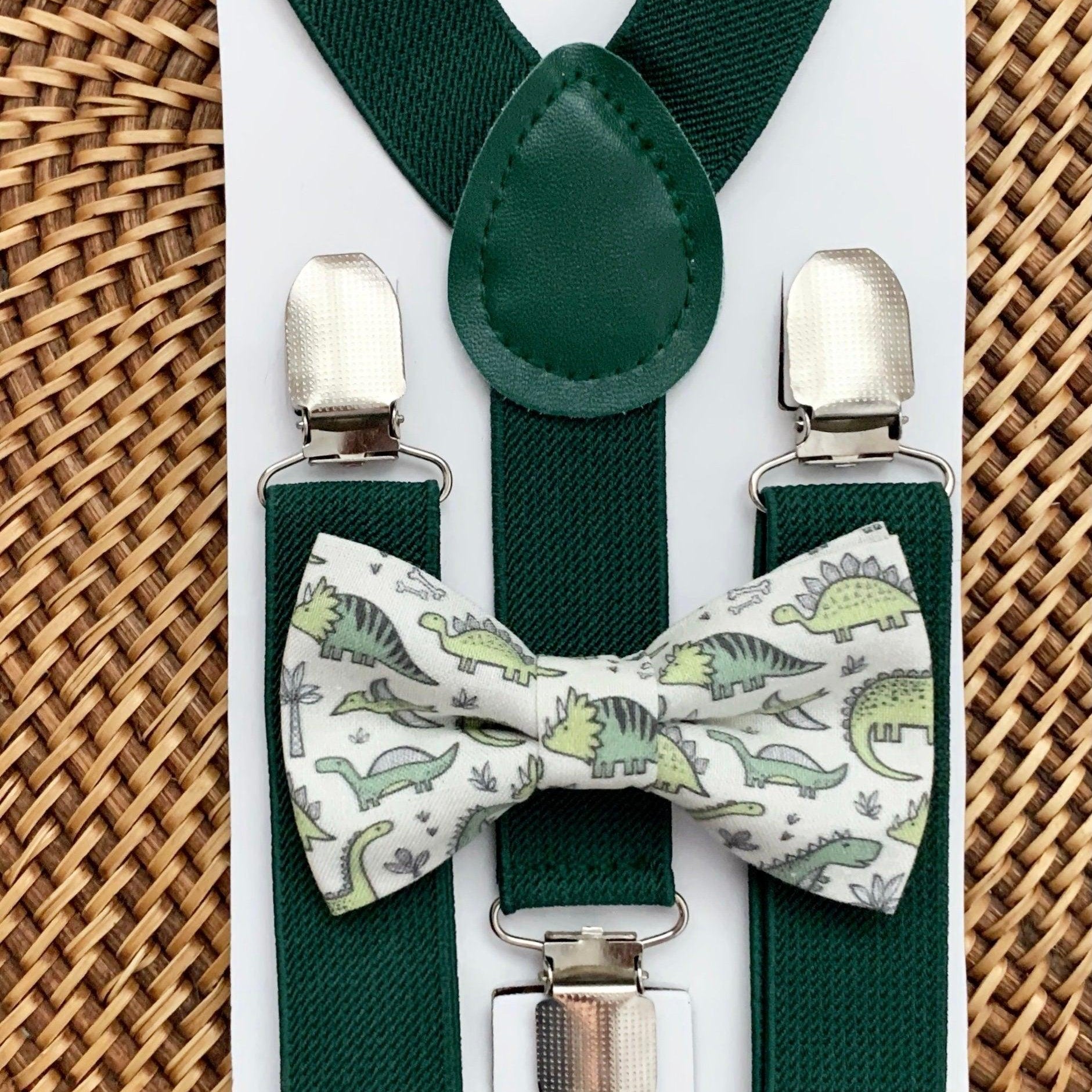 Green Dinosaur Bow Tie & Dark Green Suspenders Set for wedding ring bearer outfit.