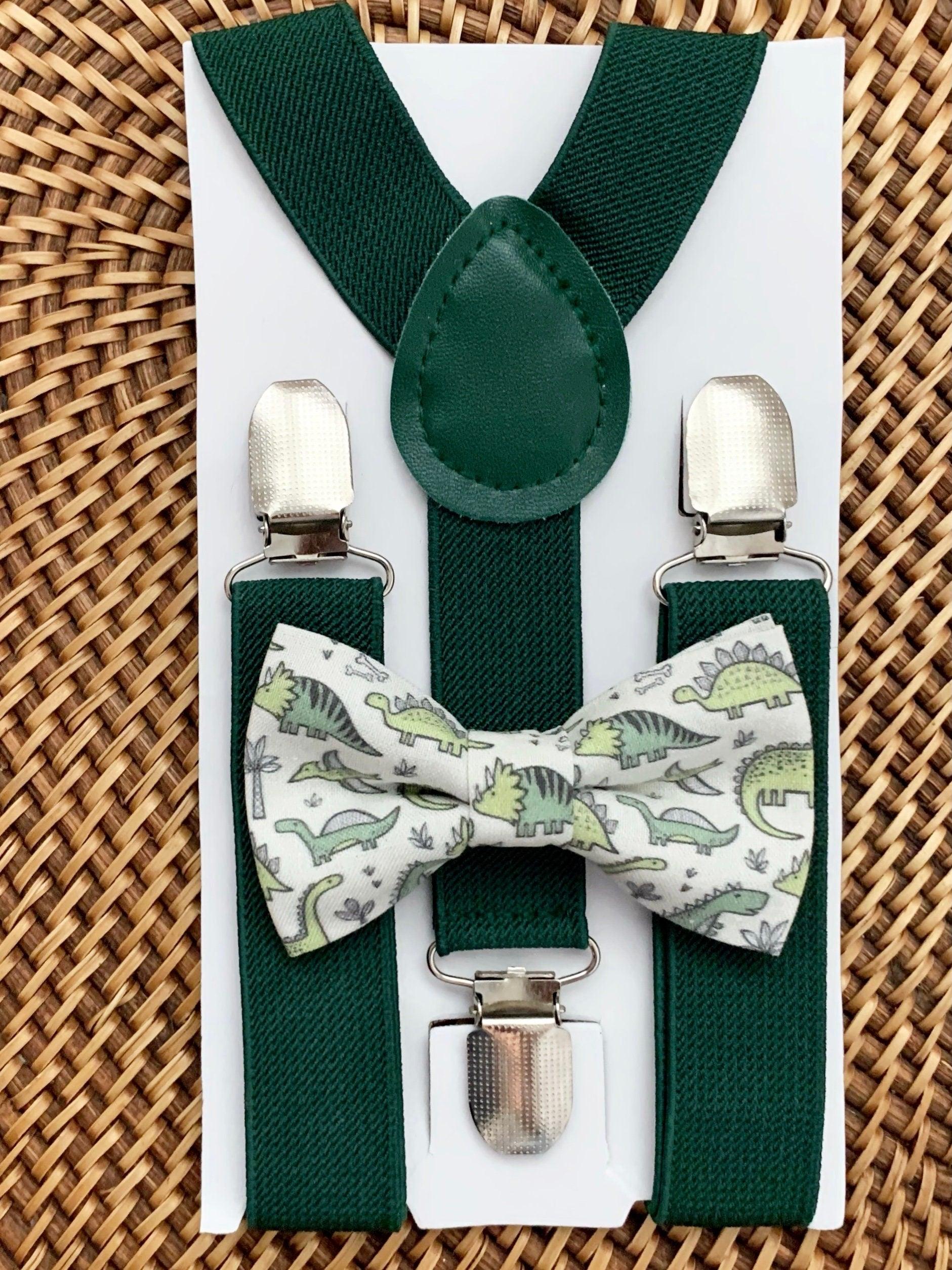 Green Dinosaur Bow Tie & Dark Green Suspenders Set for wedding ring bearer outfit.