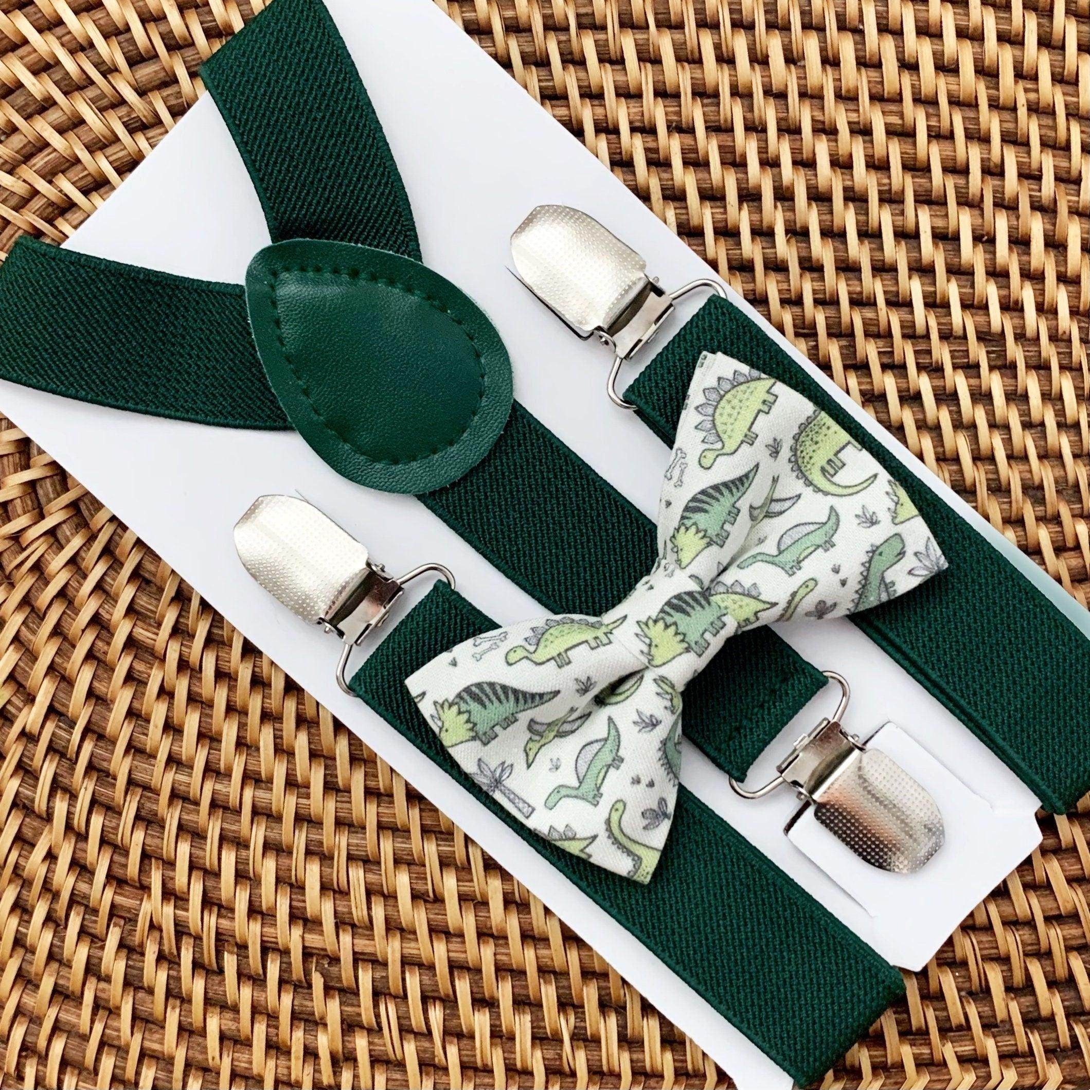 Green Dinosaur Bow Tie & Dark Green Suspenders Set for wedding ring bearer outfit.