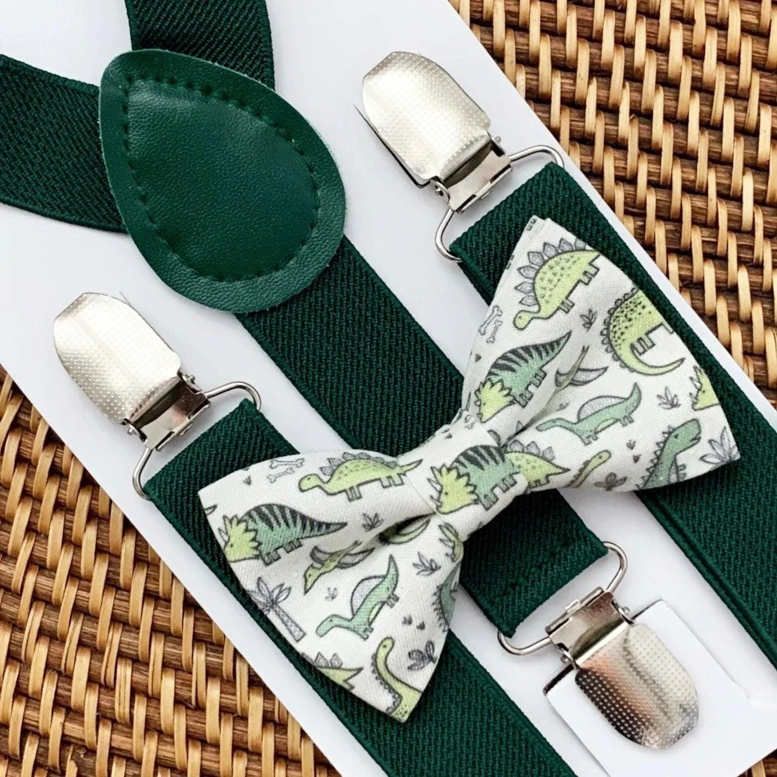 Dinosaur Bow Tie & Dark Green Suspenders Set for wedding ring bearer outfit.