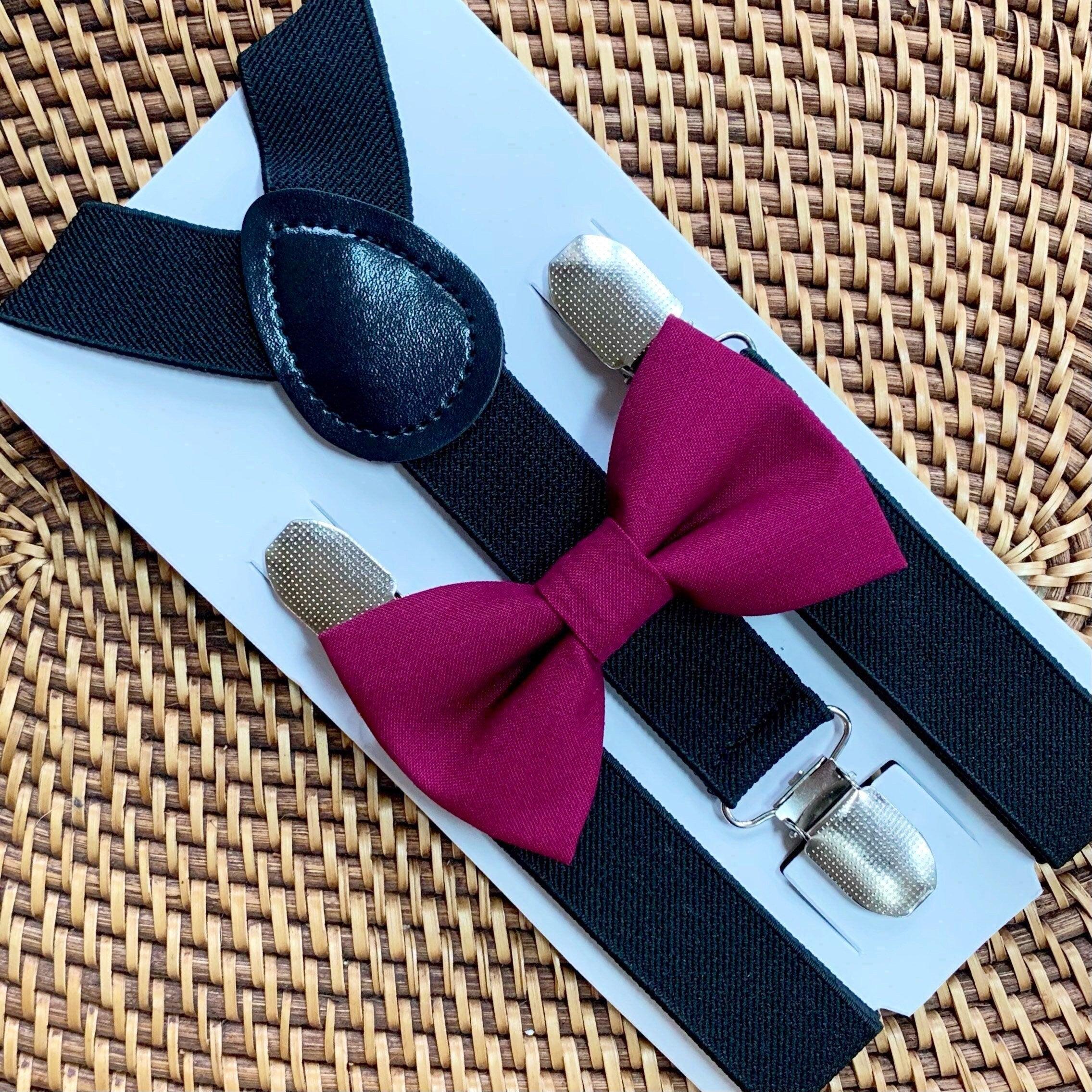 Sangria bow tie and black suspenders for men, toddlers and kids handmade in the USA and pre-tied, for wedding, groomsmen and ring bearer.
