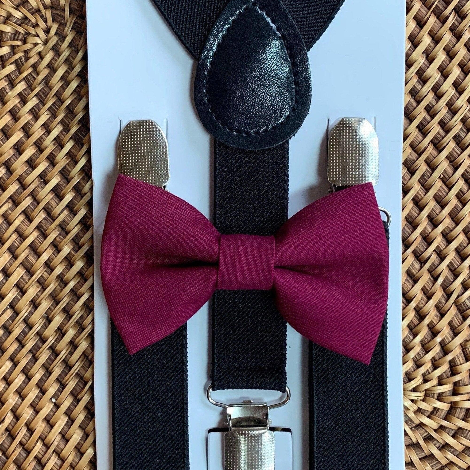 Wine bow tie and black suspenders for men, toddlers and kids handmade in the USA and pre-tied, for wedding, groomsmen and ring bearer.