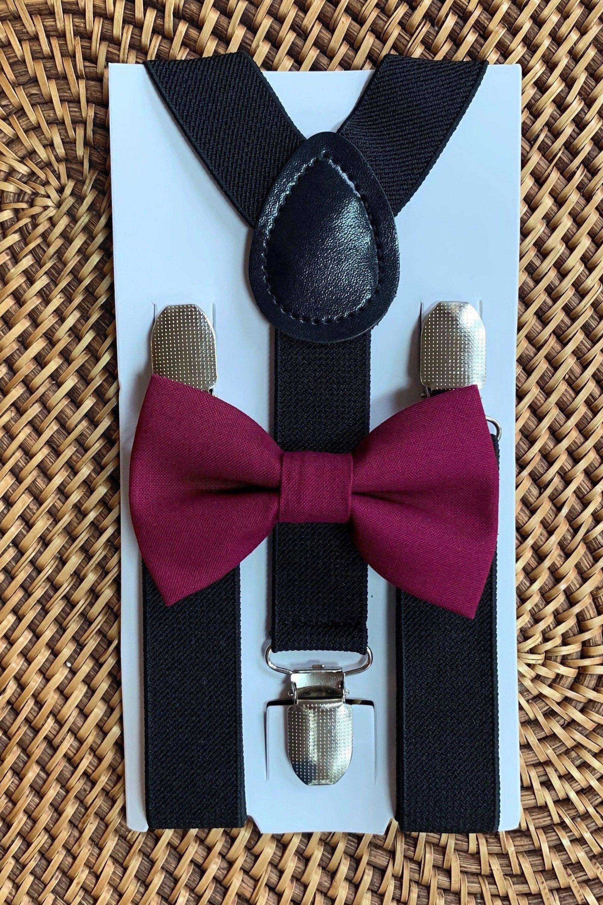 Wine bow tie and black suspenders for men, toddlers and kids handmade in the USA and pre-tied, for wedding, groomsmen and ring bearer.
