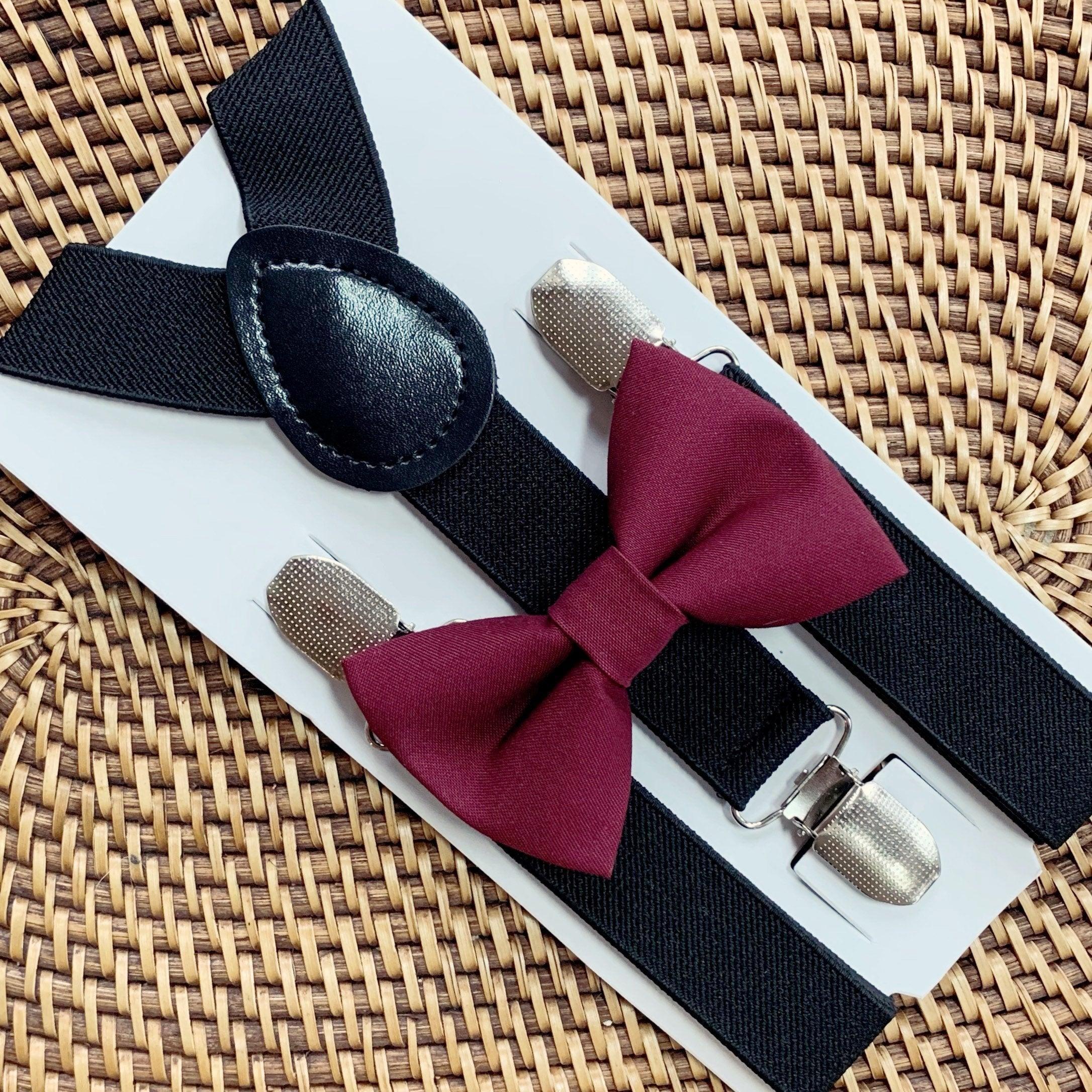 Cabernet bow tie and black suspenders for men, toddlers and kids handmade in the USA and pre-tied, for wedding, groomsmen and ring bearer.