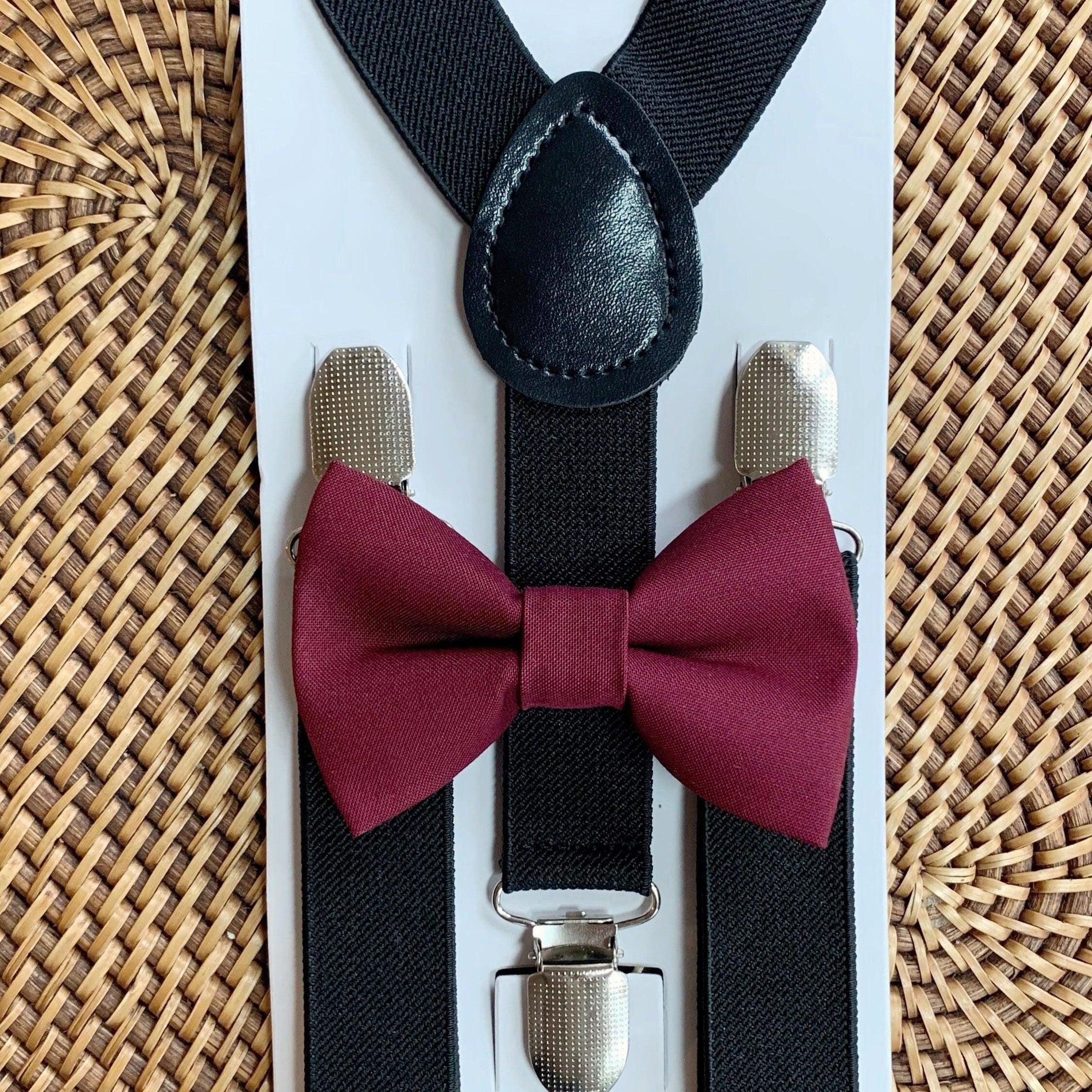 Cabernet bow tie and black suspenders for men, toddlers and kids handmade in the USA and pre-tied, for wedding, groomsmen and ring bearer.