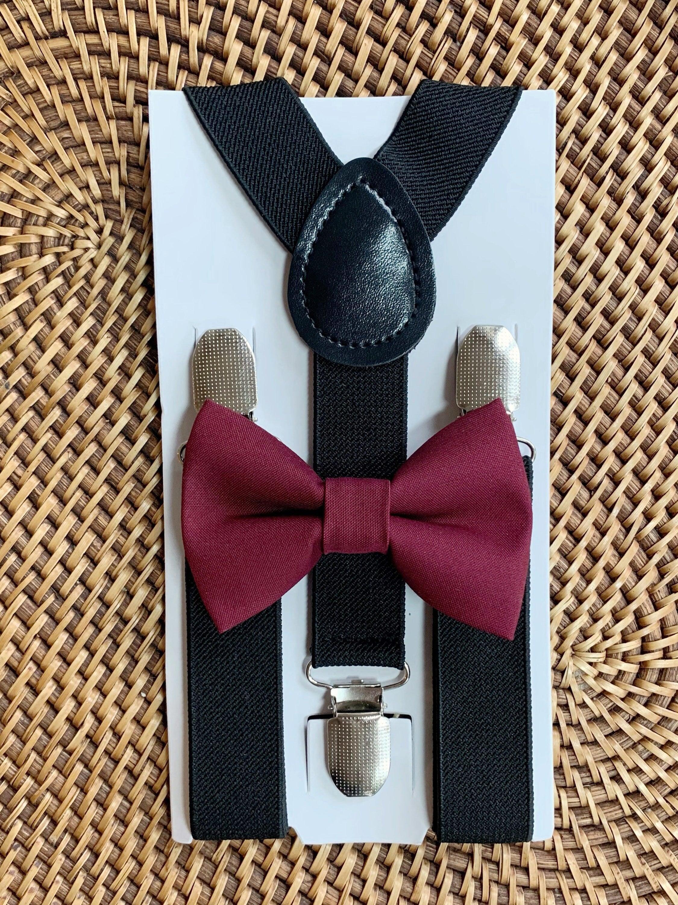Cabernet bow tie and black suspenders for men, toddlers and kids handmade in the USA and pre-tied, for wedding, groomsmen and ring bearer.
