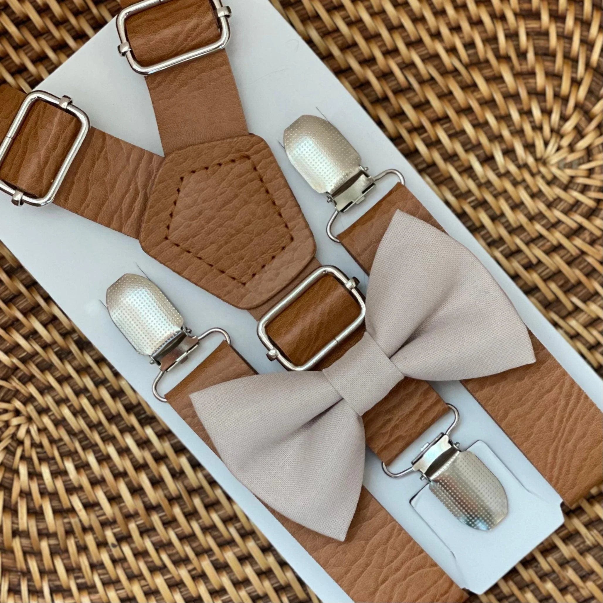 Biscotti Bow Tie and suspenders for wedding groomsmen and ring bearers.