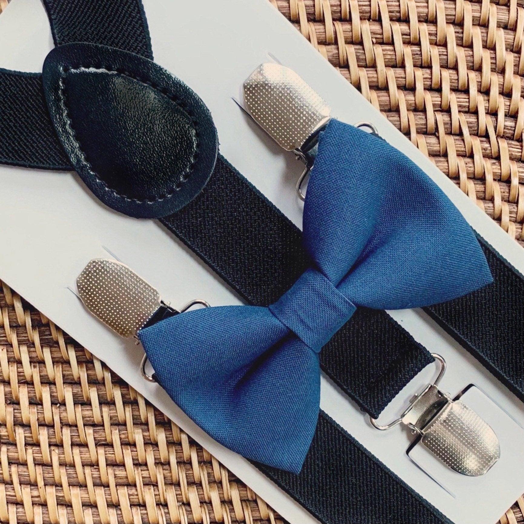 Steel blue bow tie and black suspenders for men, toddlers and kids handmade in the USA and pre-tied, for wedding, groomsmen and ring bearer.