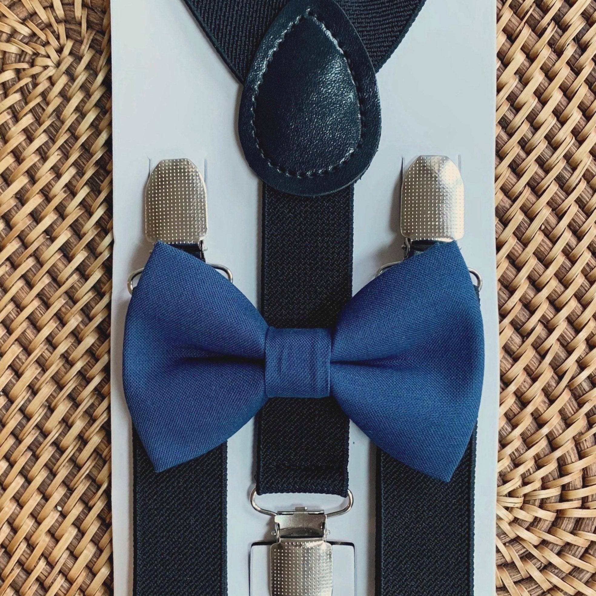 Steel blue bow tie and black suspenders for men, toddlers and kids handmade in the USA and pre-tied, for wedding, groomsmen and ring bearer.