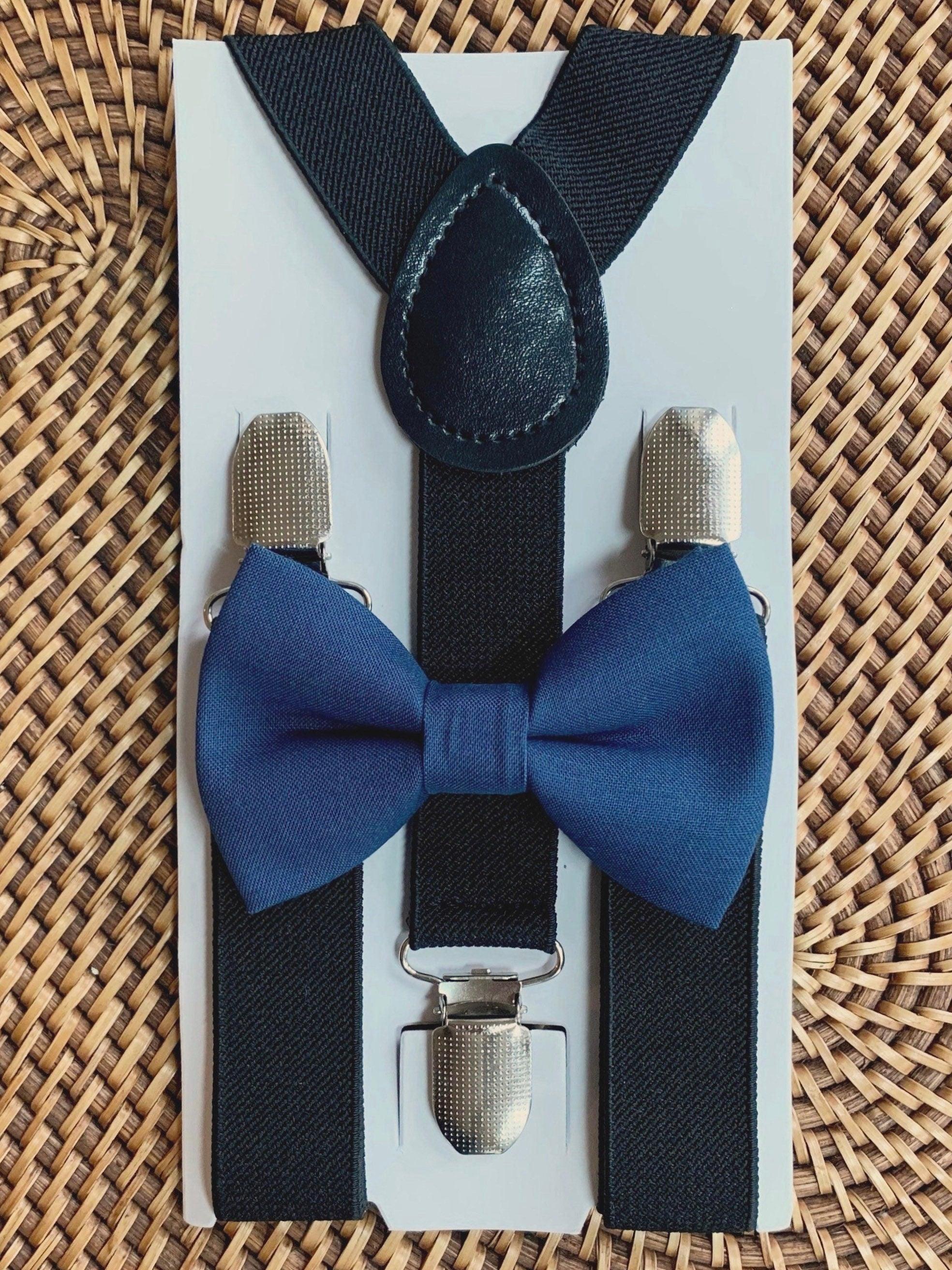 Steel blue bow tie and black suspenders for men, toddlers and kids handmade in the USA and pre-tied, for wedding, groomsmen and ring bearer.