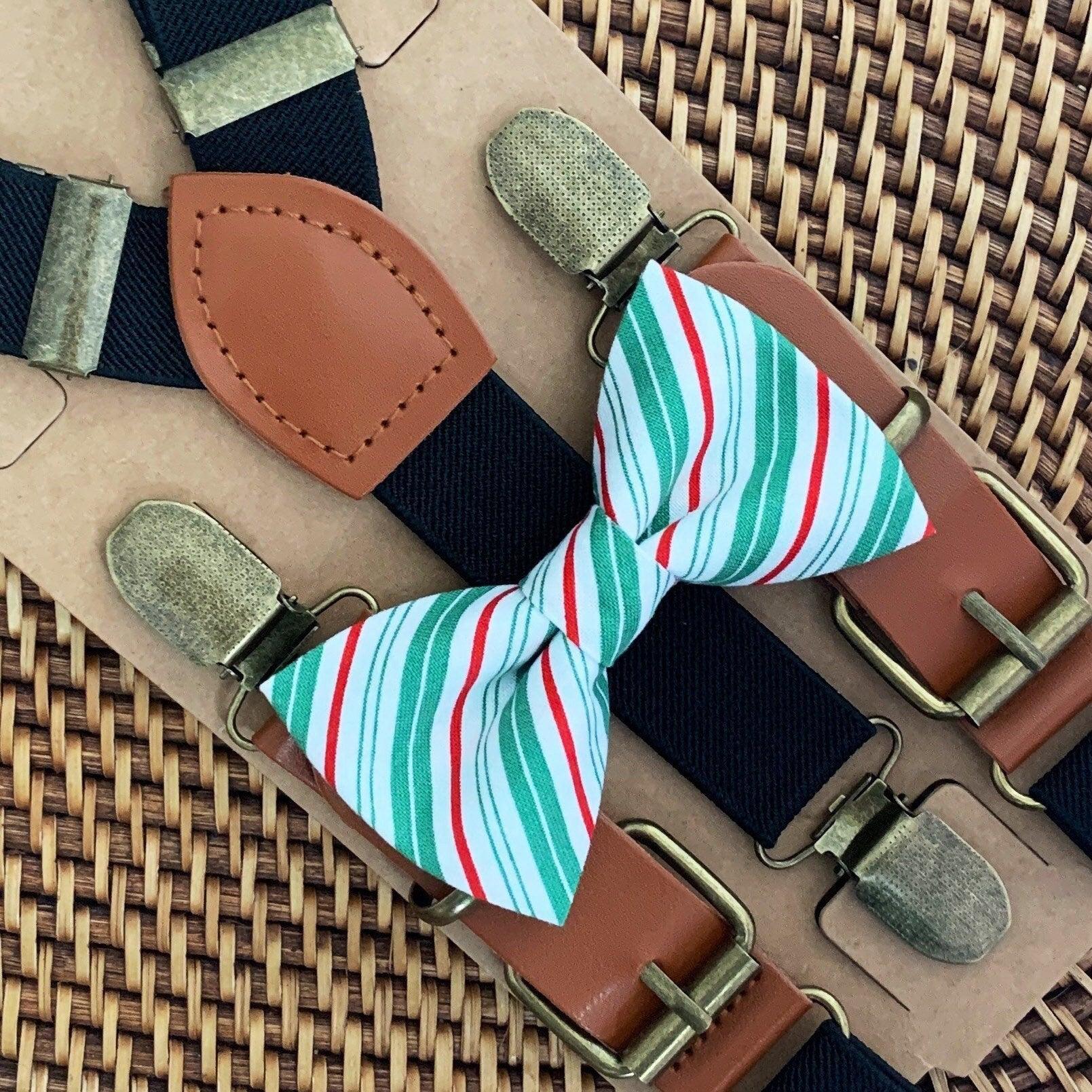 Red and Green Christmas bow tie and black suspenders with bronze clips.