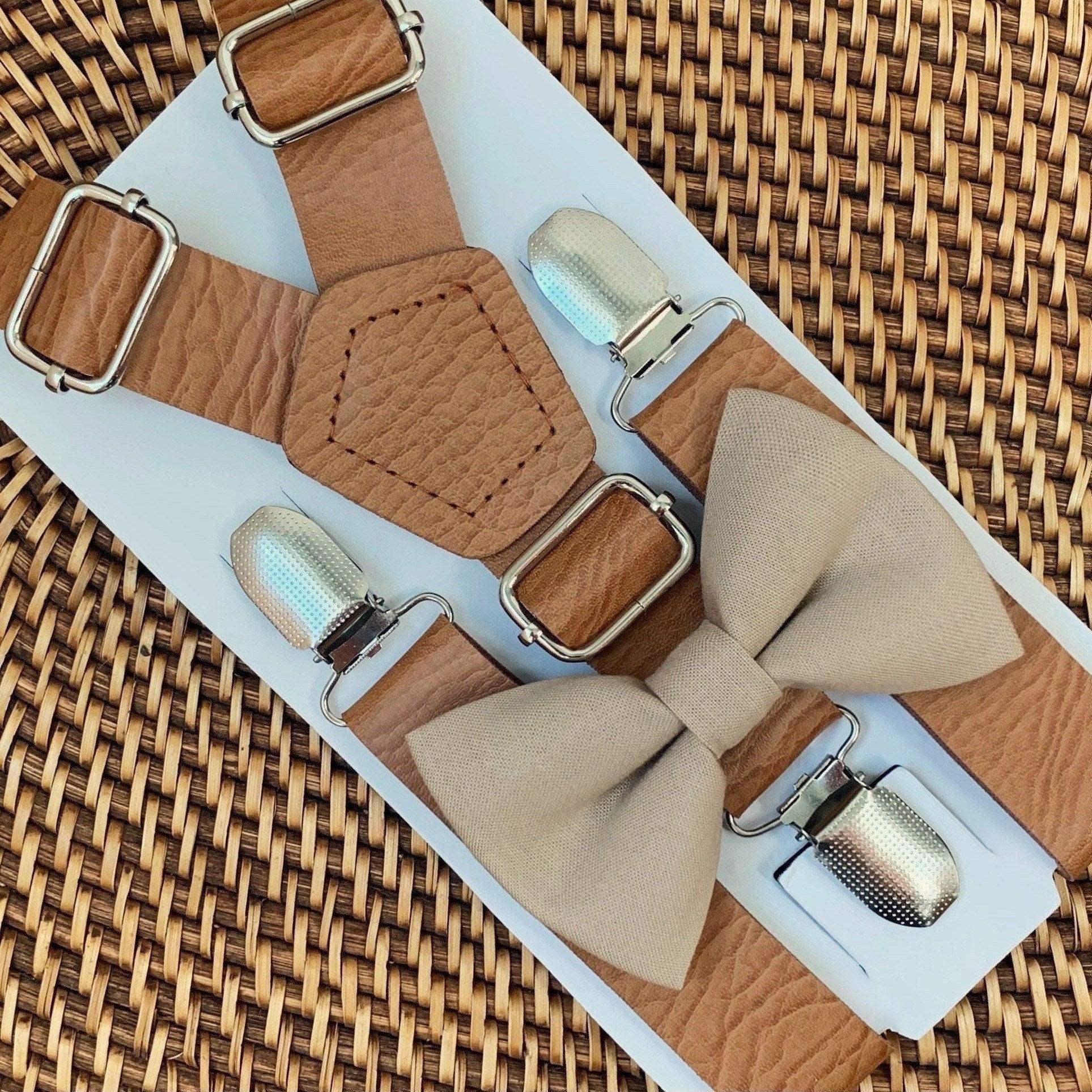 Taupe Bow Tie & Tan Vegan Leather Suspenders Set for groomsmen, wedding and ring bearer outfit.