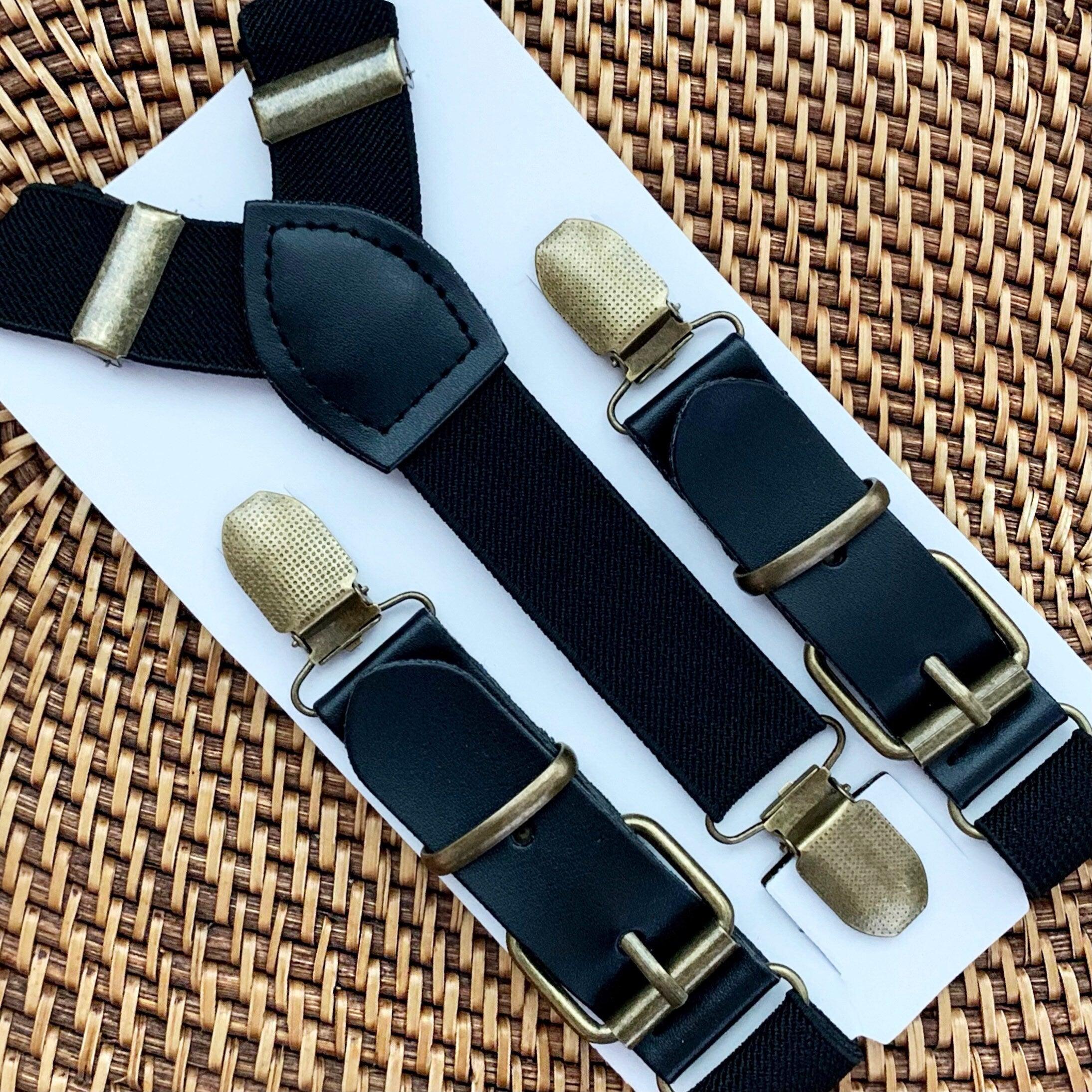 Black suspenders for men boys and toddlers for groomsmen and ring bearer outfits.